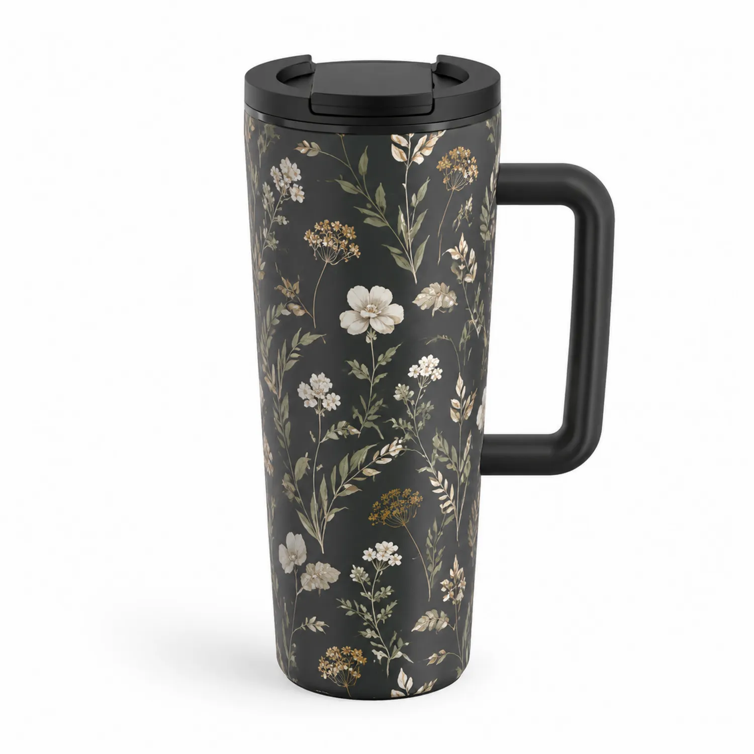 Tazza Termica da Viaggio 450ml con Fiori su Sfondo Nero