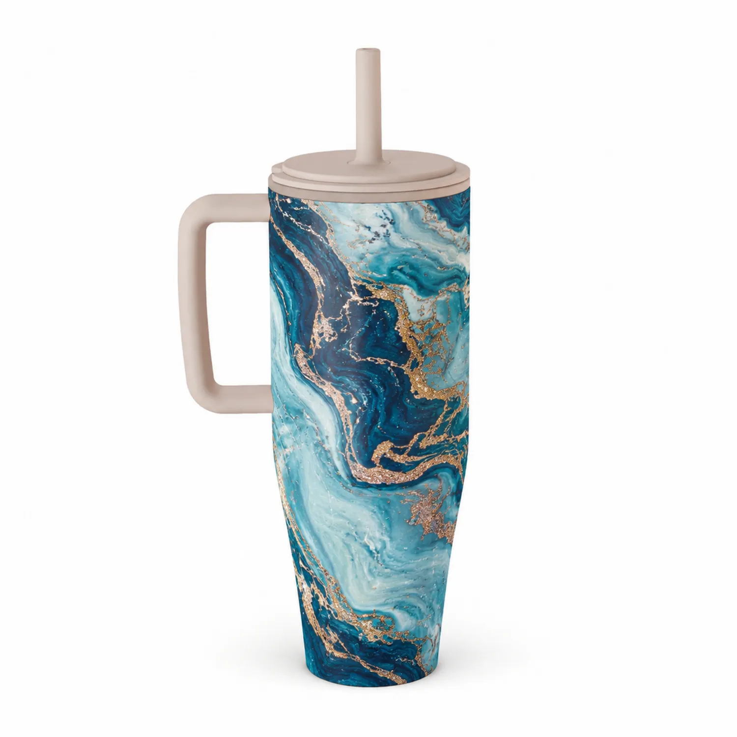 Tazza Termica Blu e Oro Effetto Marmo con Manico e Cannuccia