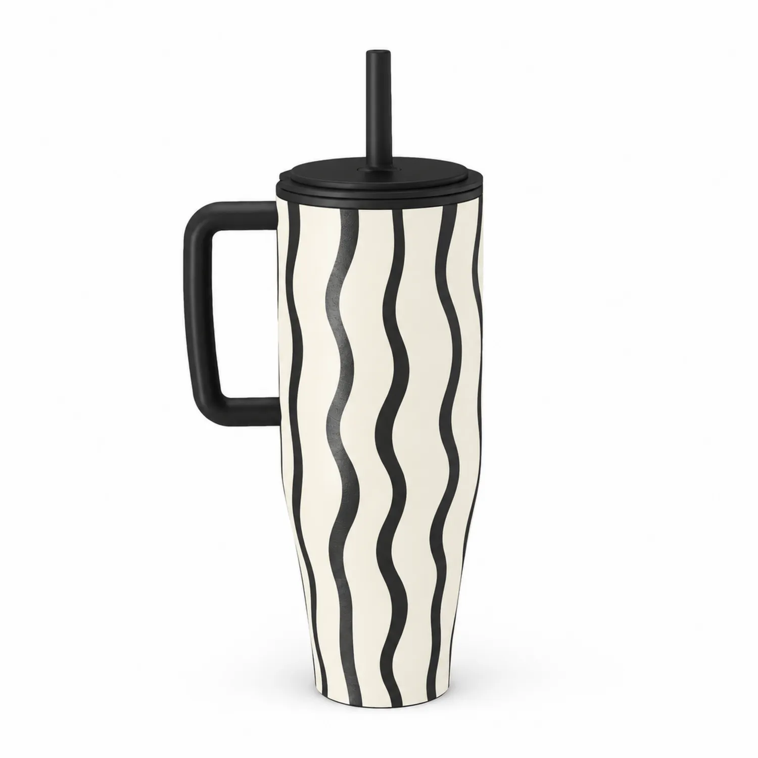 Tazza con Manico e Cannuccia Design Ondulato Bianco e Nero 500ml
