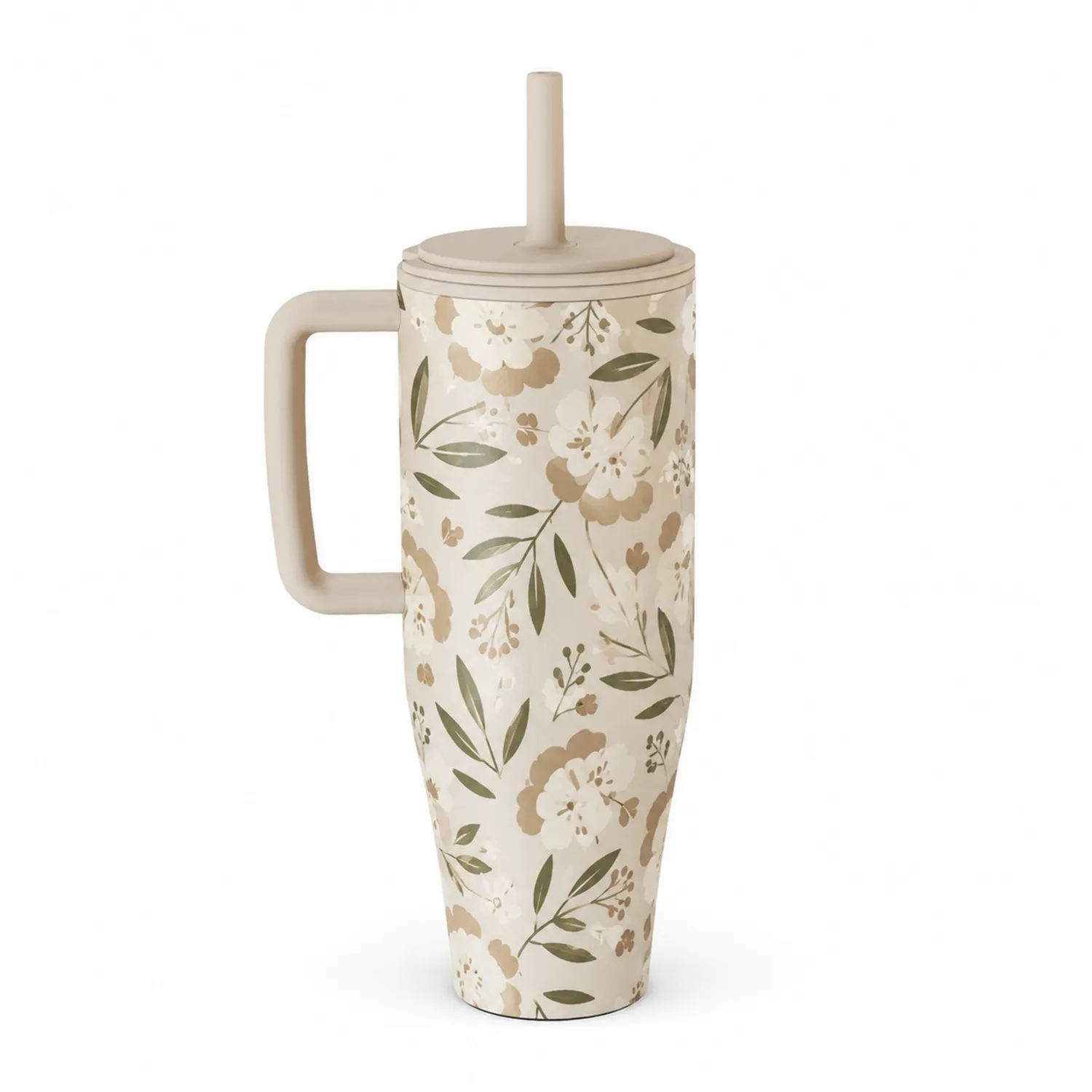 Tazza Termica con Cannuccia Design Floreale Beige