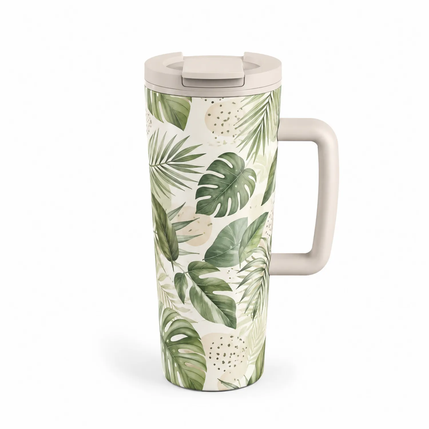 Tazza Termica da Viaggio con Manico e Foglie Tropicali