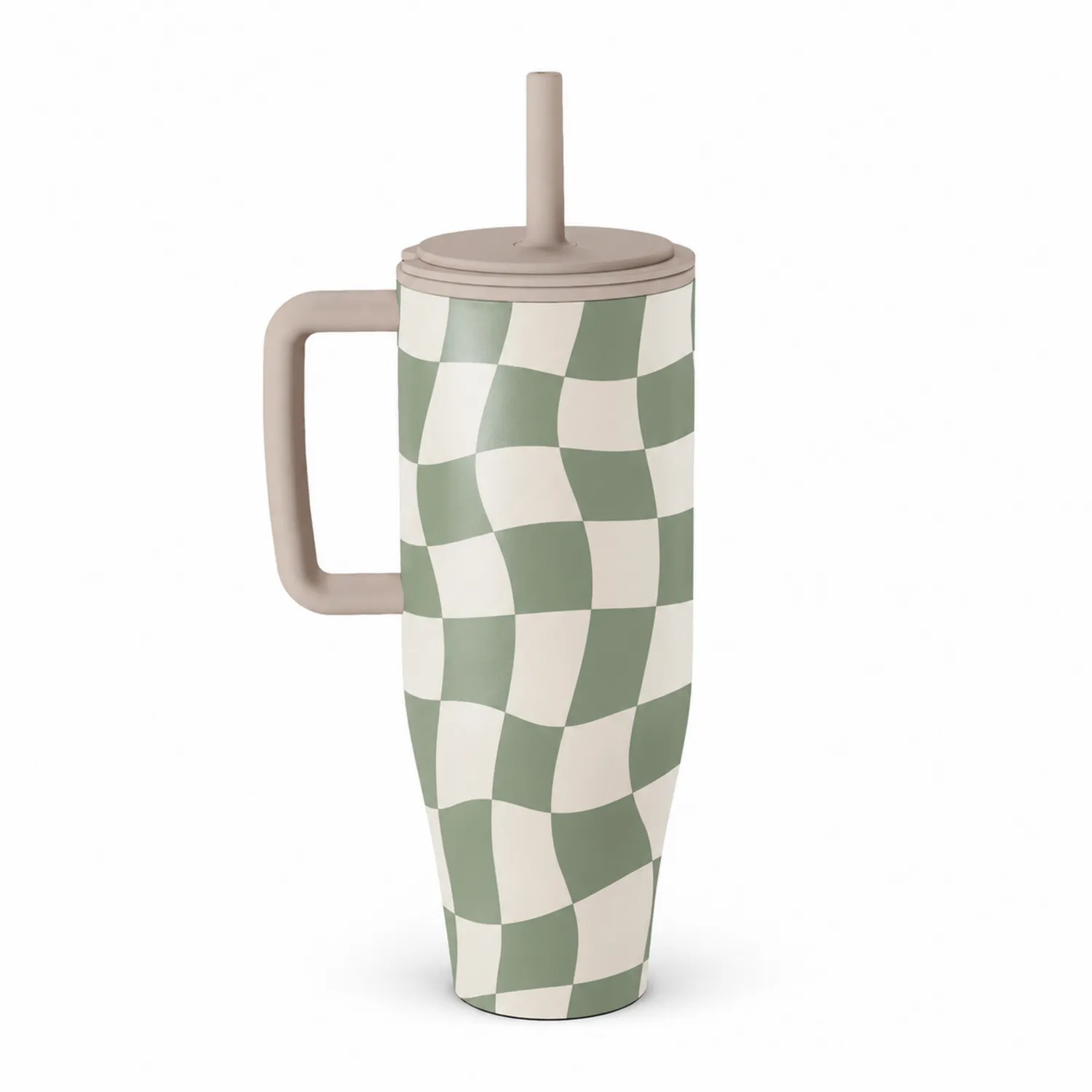Tazza Termica a Scacchi Verde Avorio con Coperchio e Cannuccia 500ml