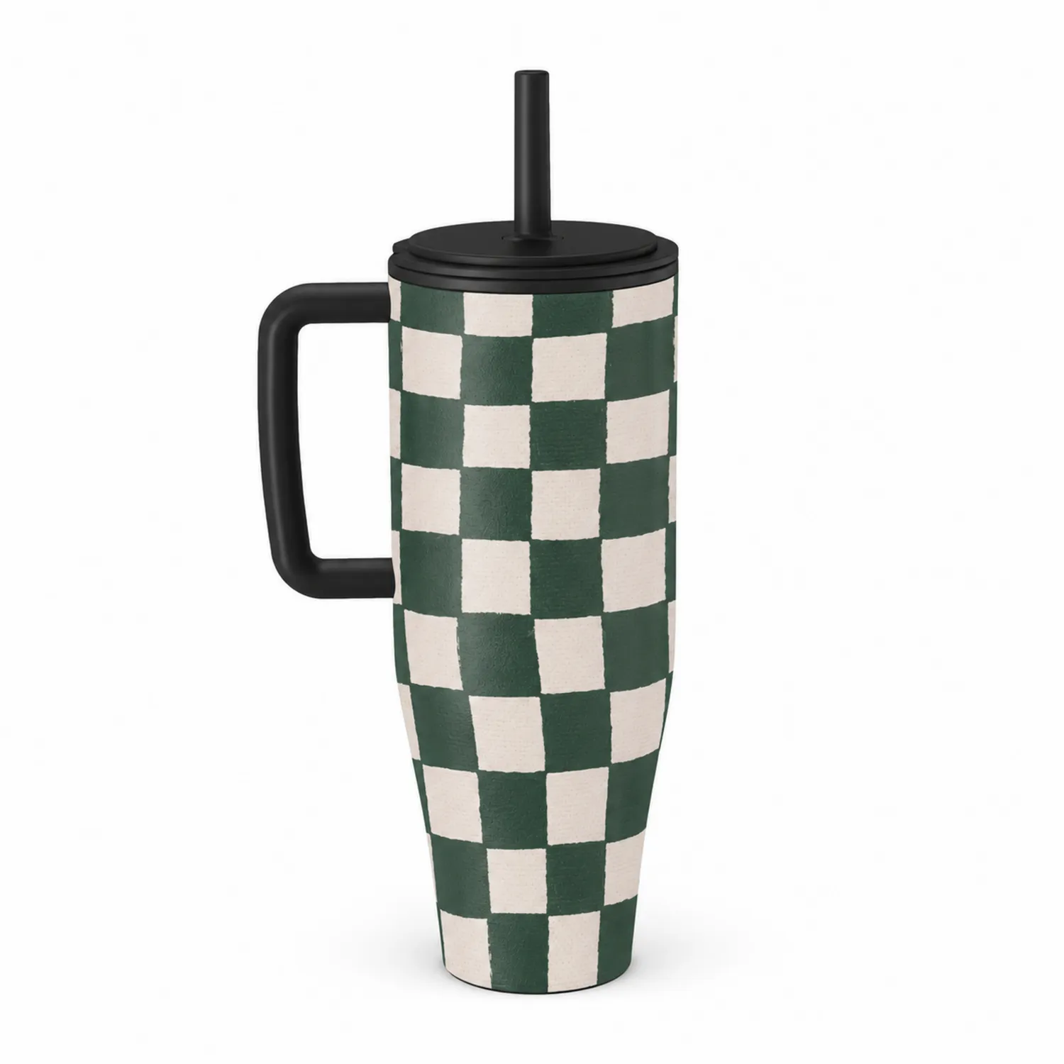 Tazza termica a scacchi verde con coperchio e cannuccia