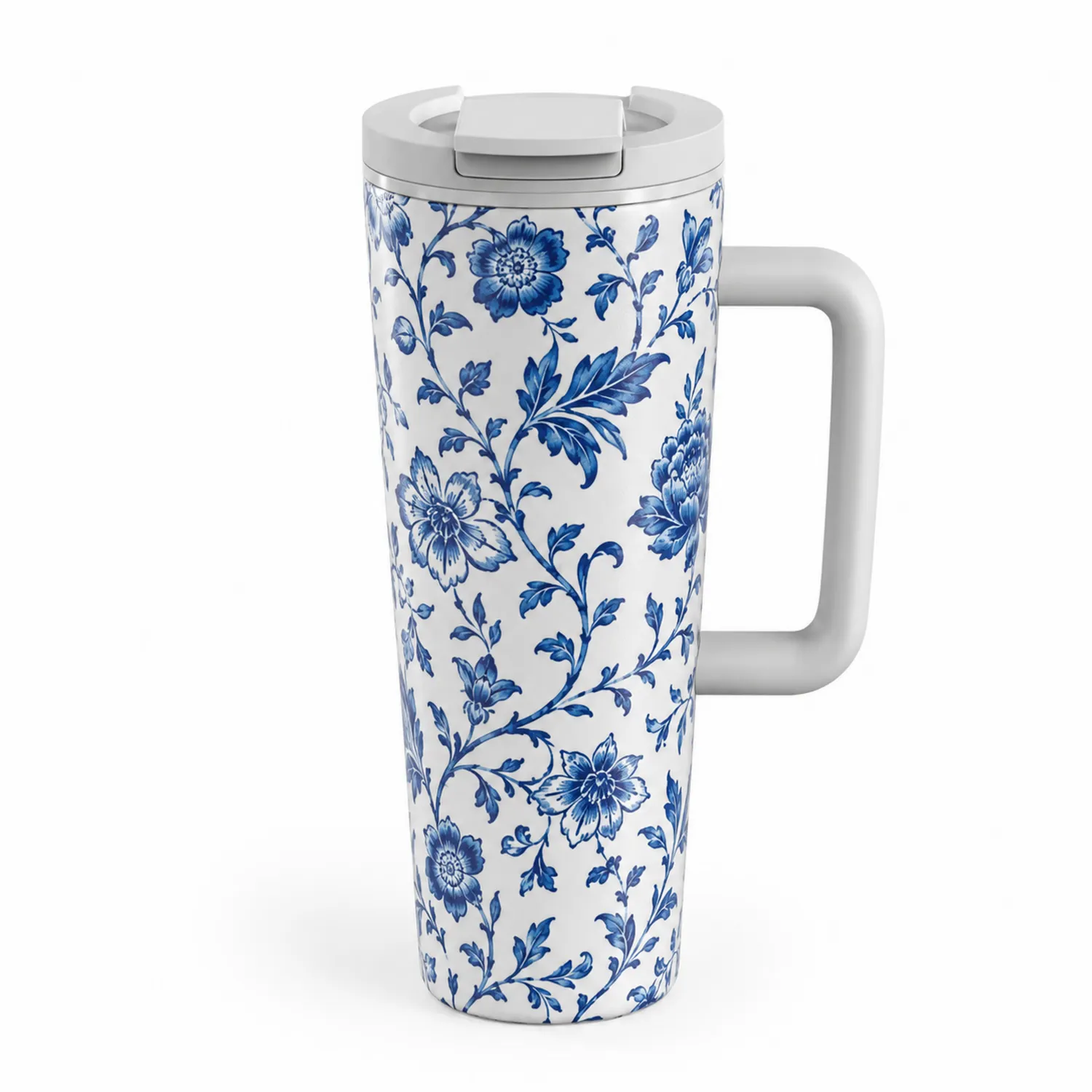 Tazza Termica con Manico e Motivo Floreale Blu da 500 ml