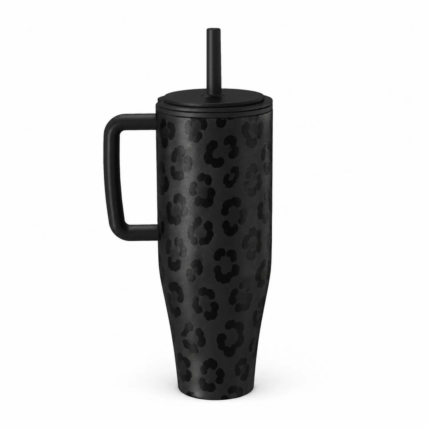 Tazza Termica Leopardata Nera con Manico e Coperchio con Cannuccia