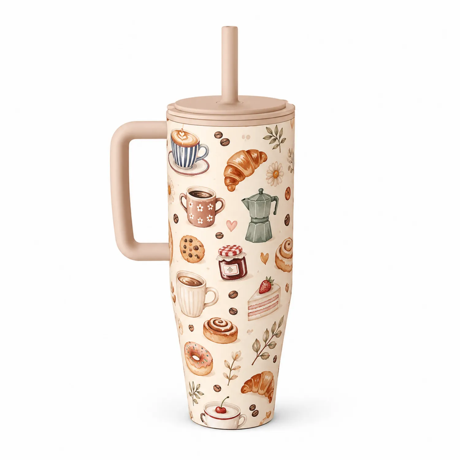 Tazza Termica con Disegni di Caffè e Dolci 700ml Beige Multicolore