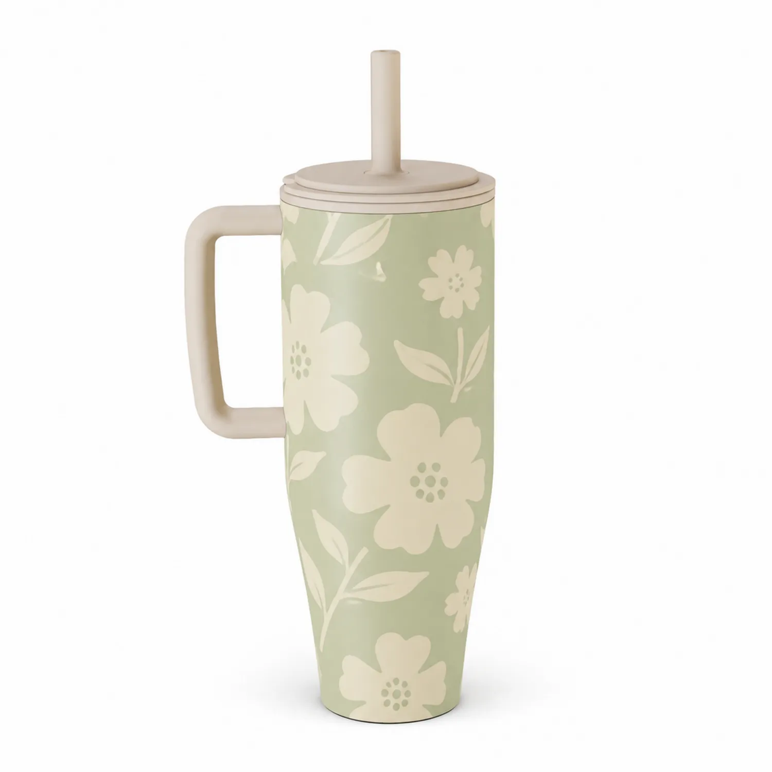 Bicchiere Termico con Cannuccia Motivo Floreale Verde Chiaro