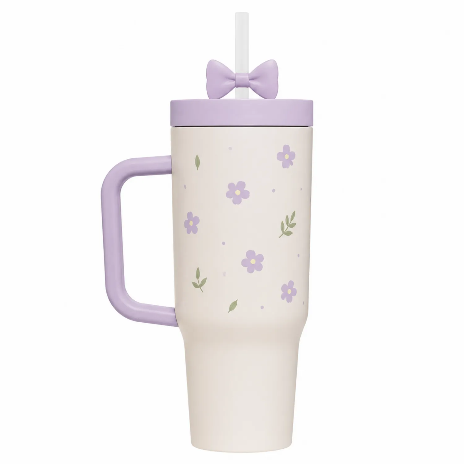 Tazza Termica con Fiorellini e Cannuccia - Colore Lavanda