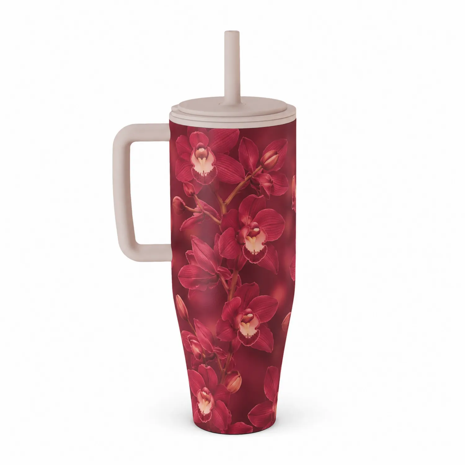 Bicchiere Termico con Cannuccia Motivo Floreale Rosso 750ml