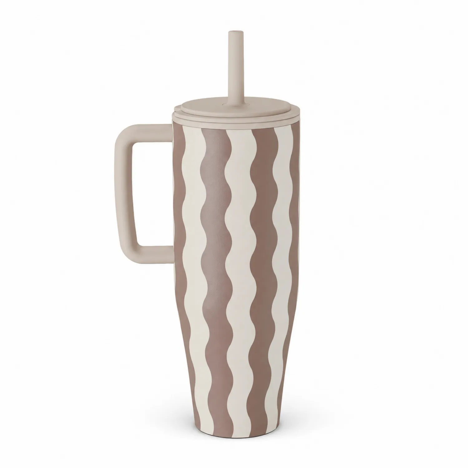 Tazza con Manico e Coperchio a Strisce Ondulate Marroni e Bianche