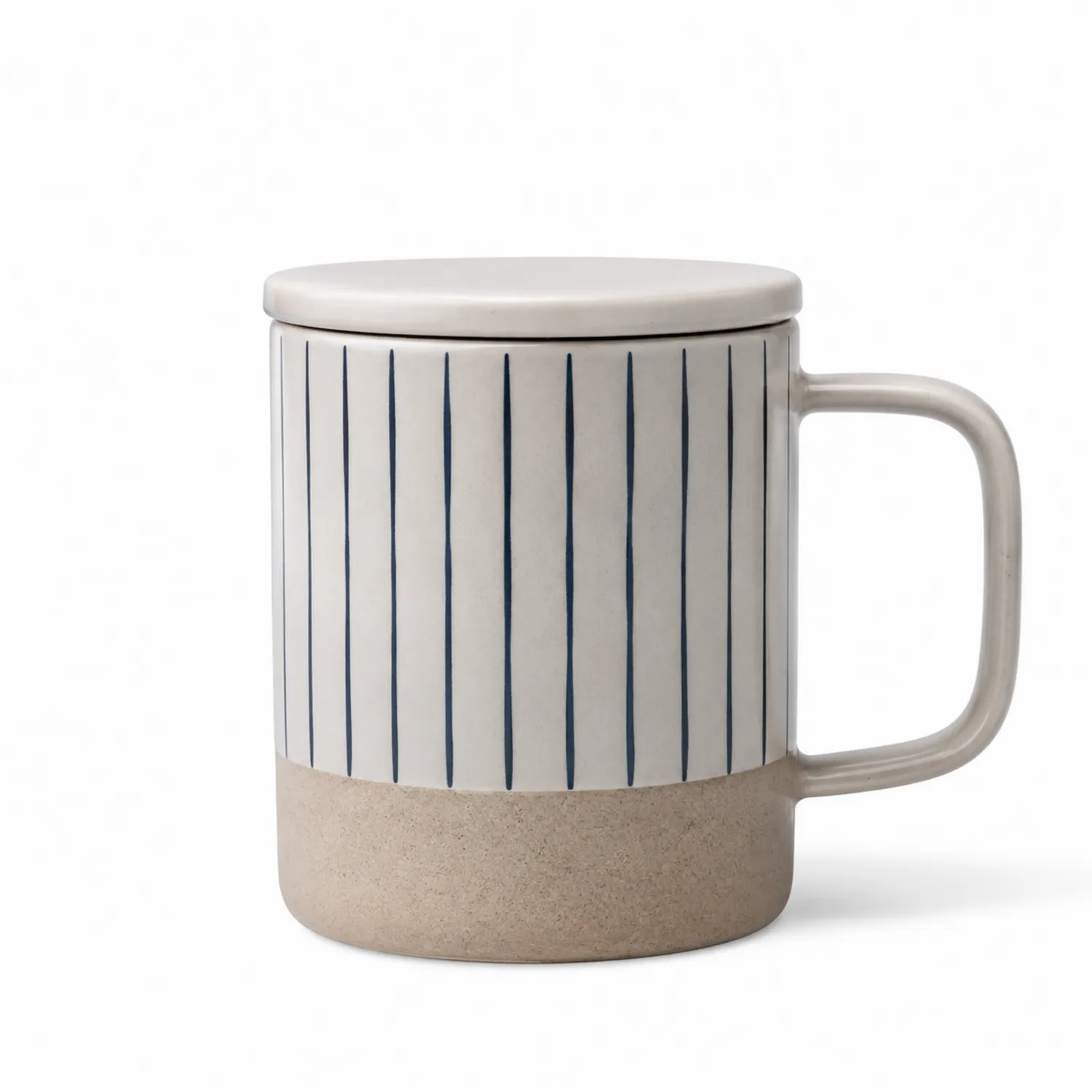 Tazza in Ceramica con Coperchio e Strisce Verticali Bianco e Blu
