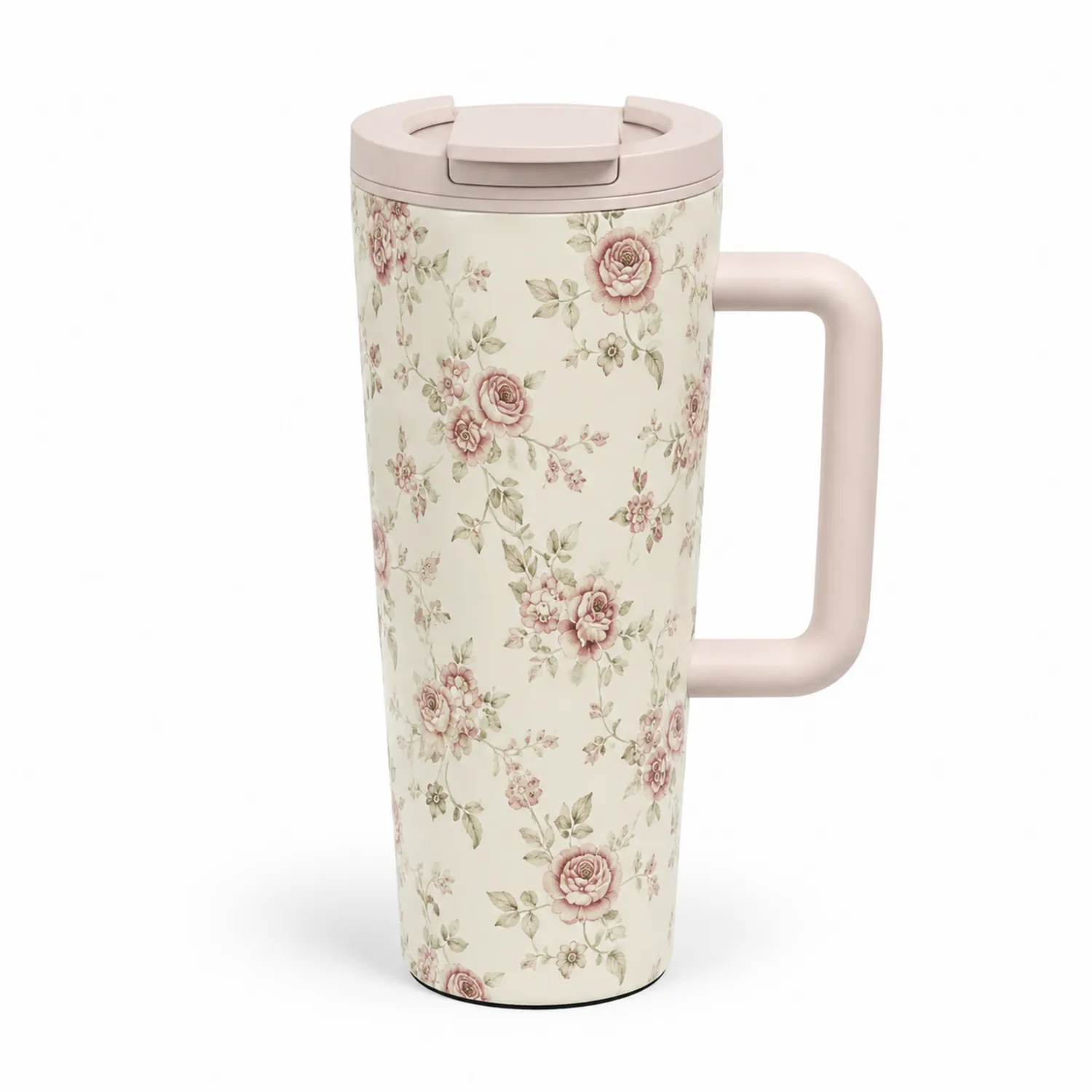 Tazza Termica con Motivo Floreale Beige e Rosa con Manico