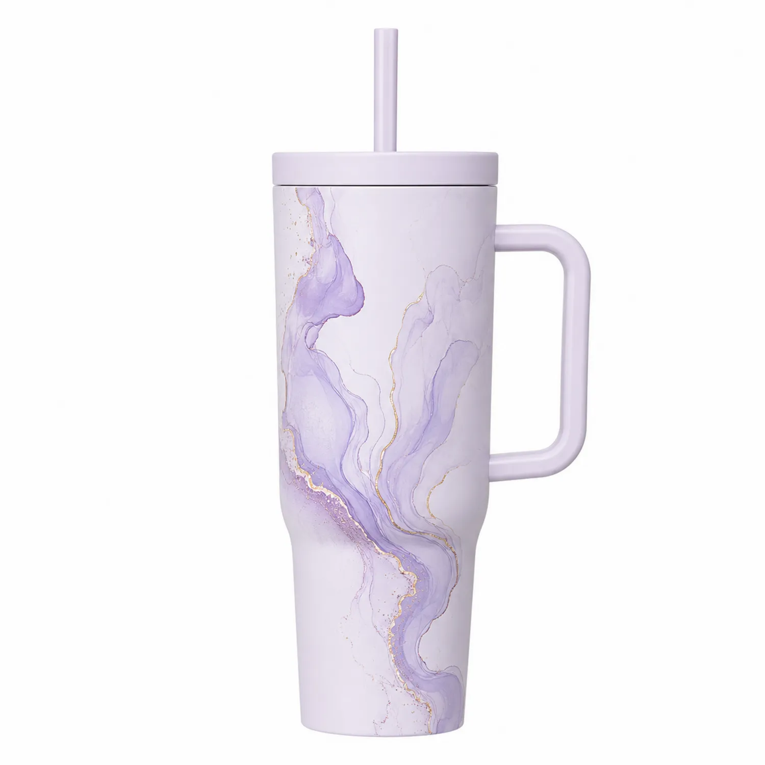 Bicchiere Termico con Manico e Cannuccia 500ml Viola Marmorizzato