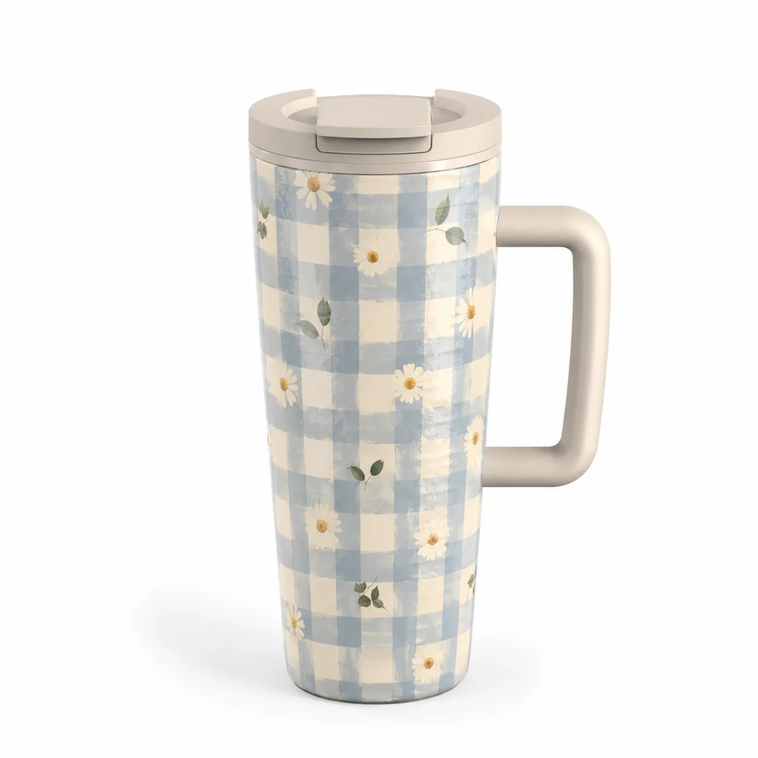Tazza Termica con Manico a Quadri Floreali - Azzurro/Bianco