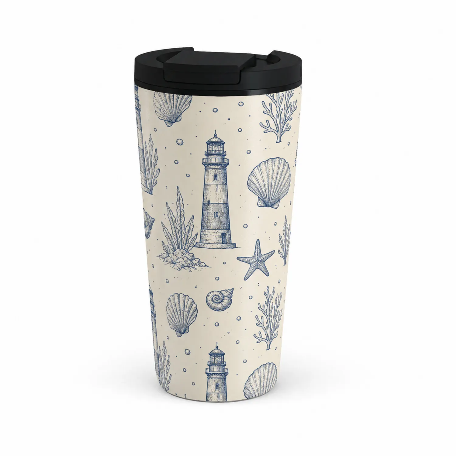 Tazza da Viaggio Isolante con Motivo Faro 450ml Avorio e Blu