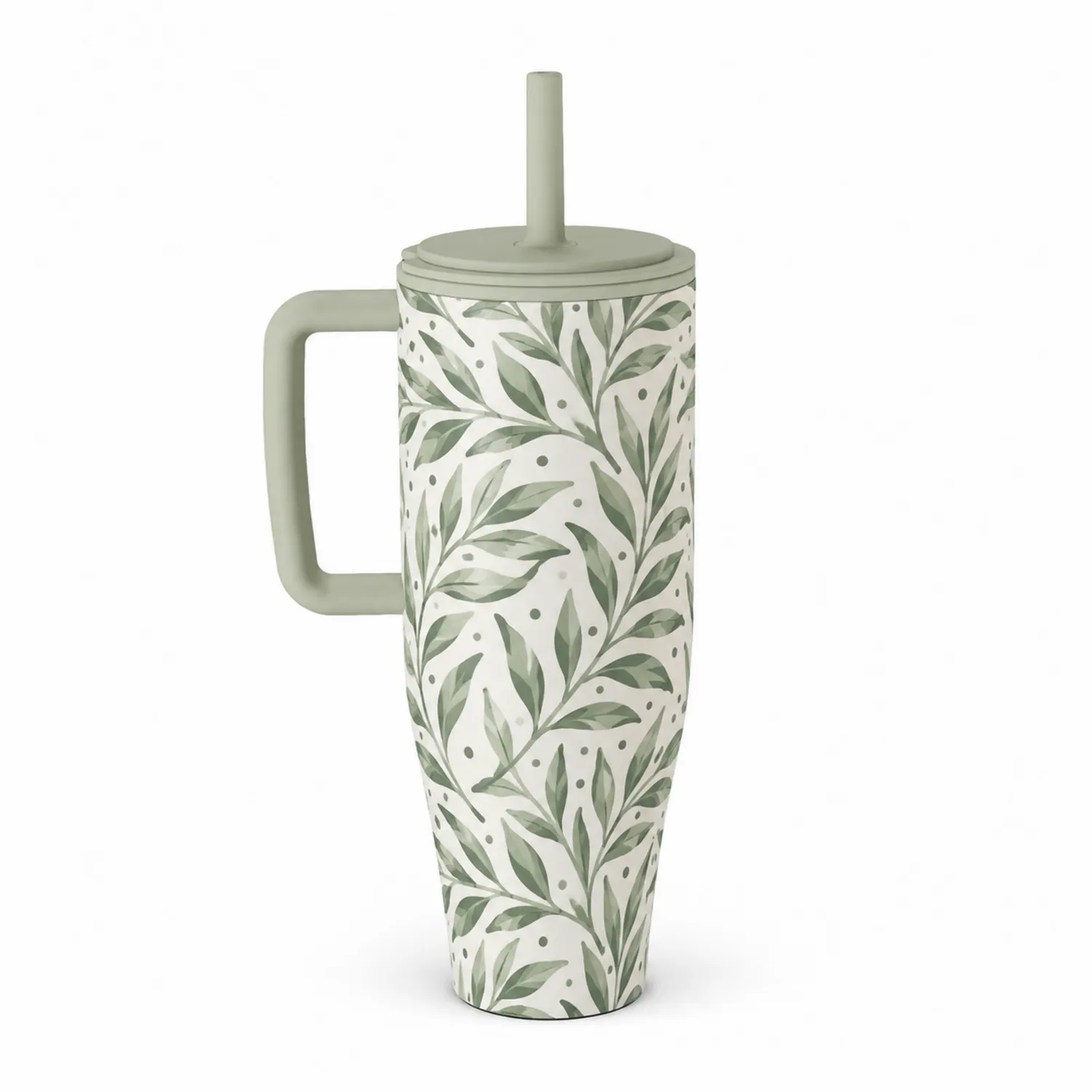 Tazza Termica con Manico Decorazione Foglie Verdi 600ml