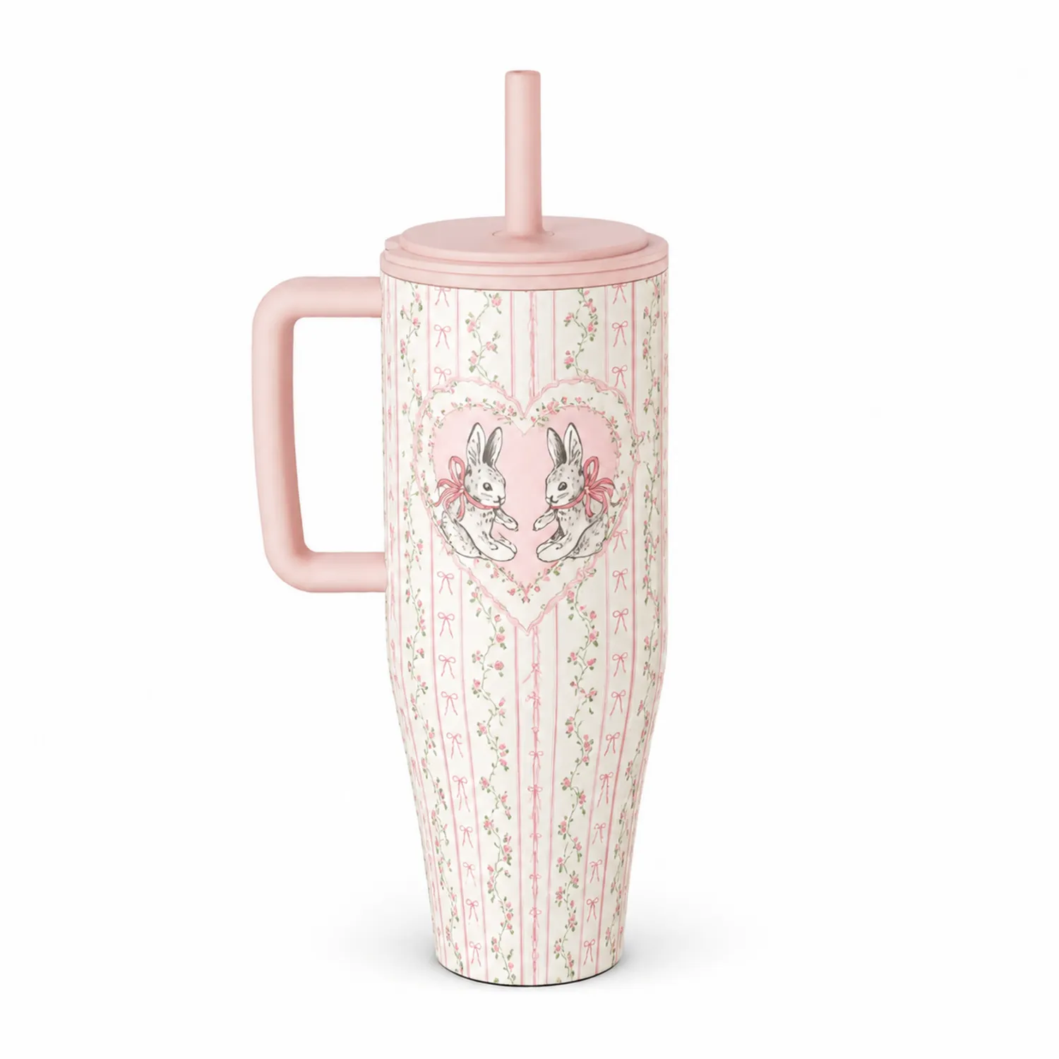 Tazza Termica con Cannuccia e Motivo Coniglietti, 500ml, Rosa