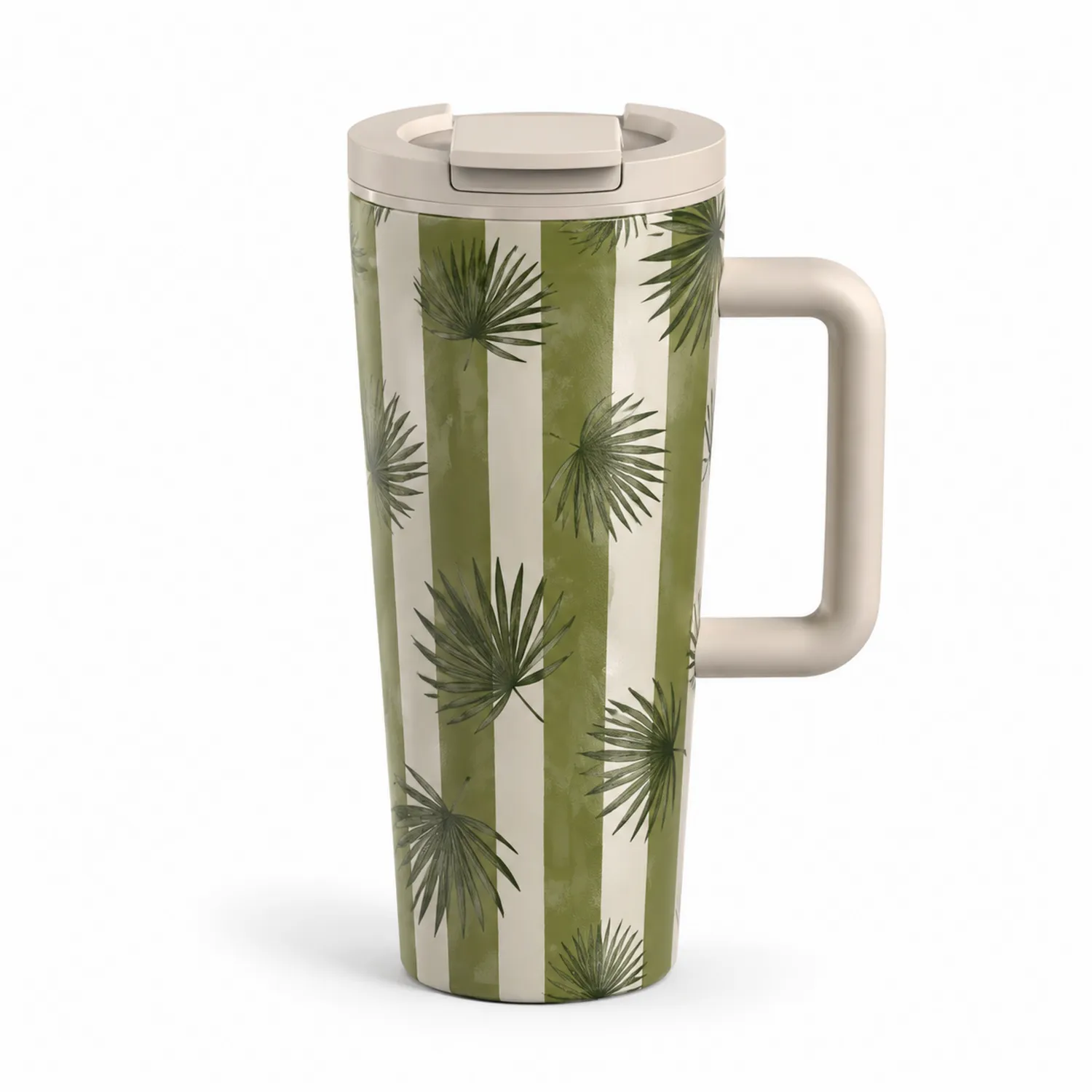 Tazza Termica da Viaggio con Motivo a Foglie 450ml Verde/Bianco