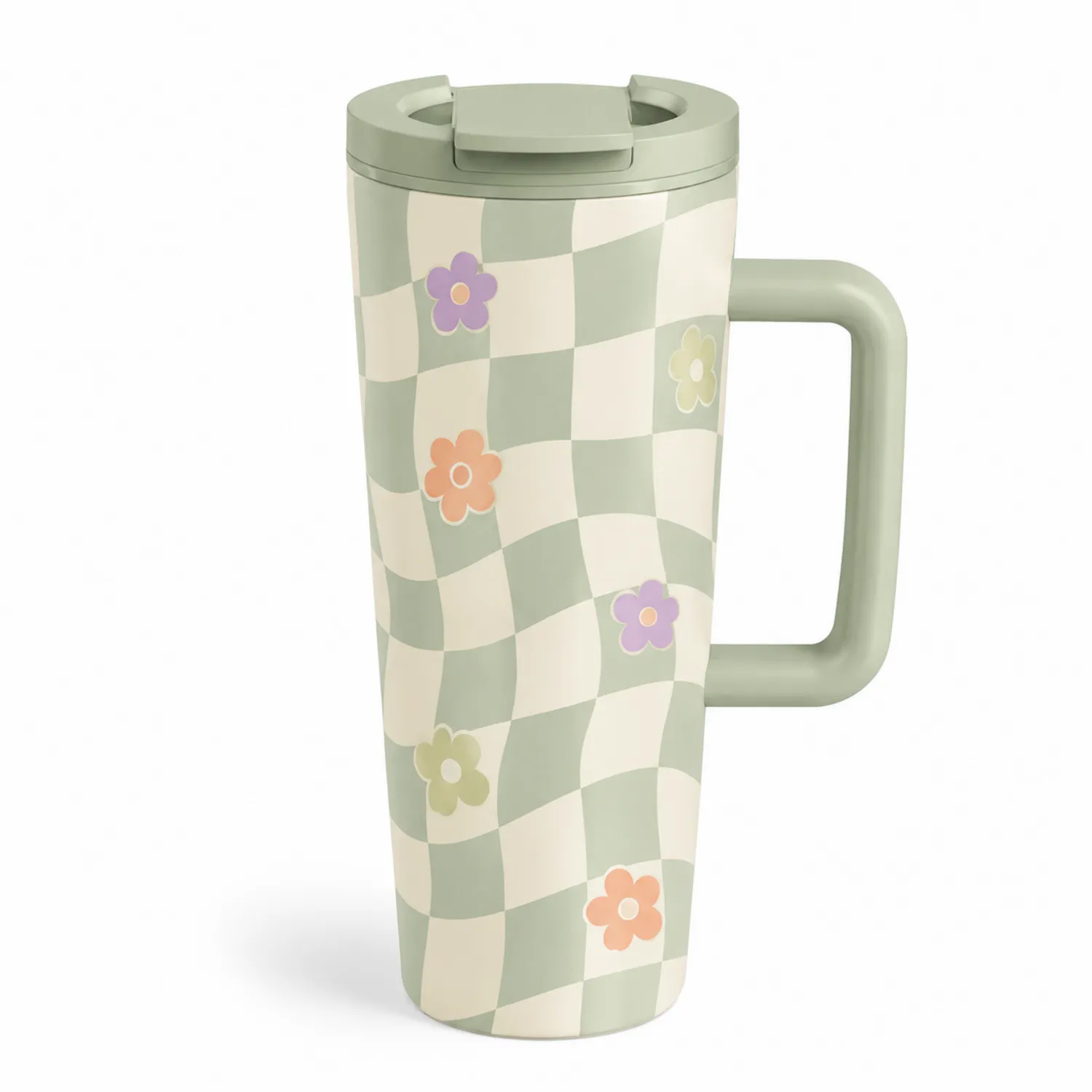 Tazza da Viaggio con Motivo a Scacchi e Fiori con Grande Manico