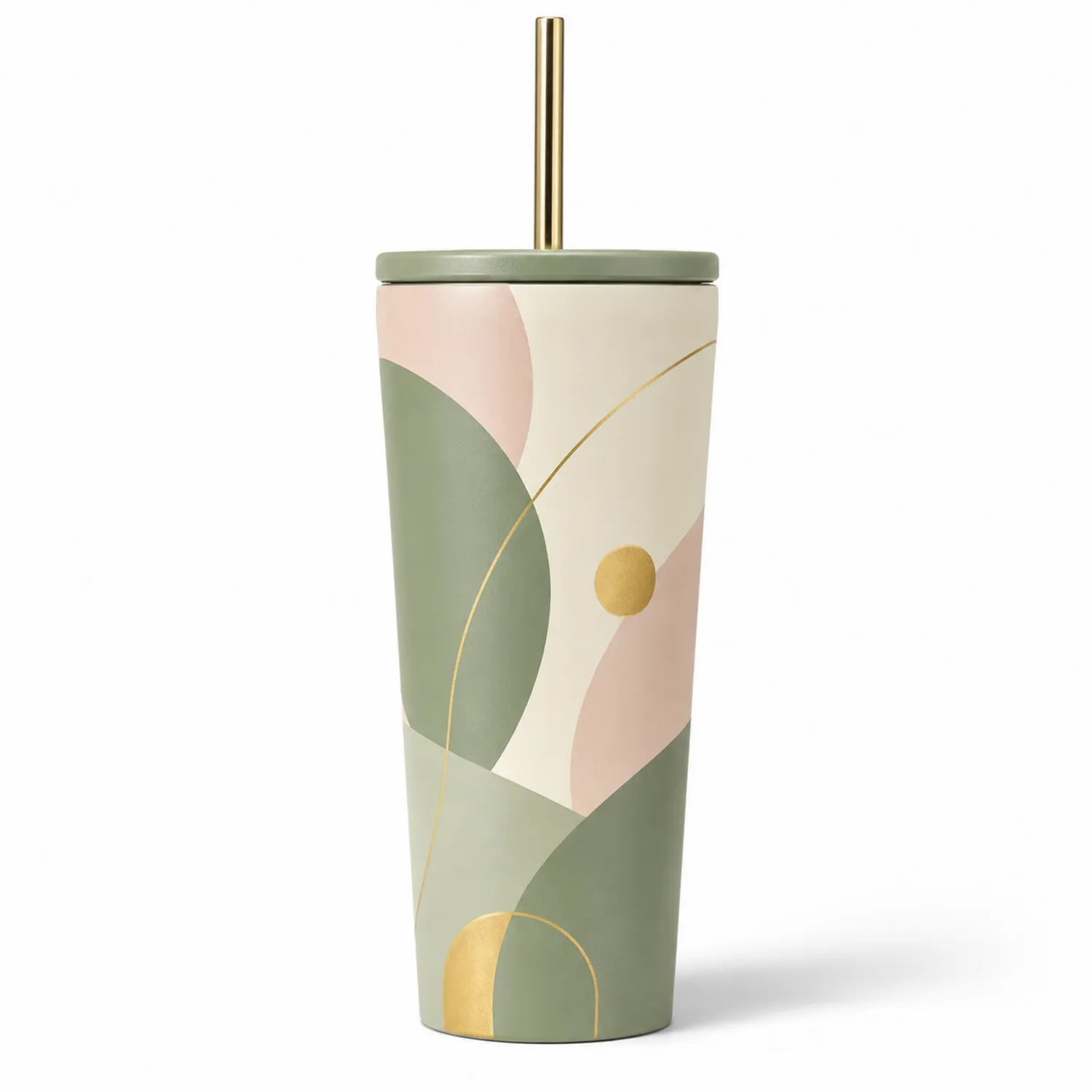 Bicchiere Termico con Cannuccia in Design Astratto 600ml Verde/Rosa/Oro