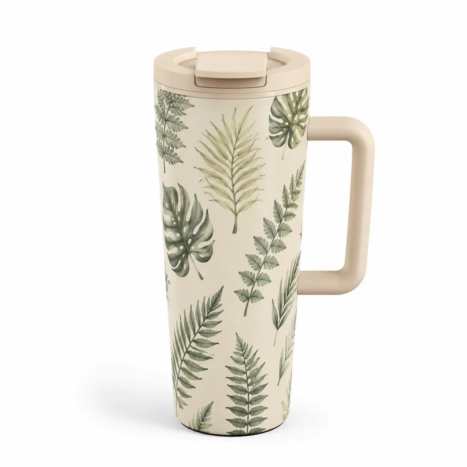 Tazza Termica con Manico Motivo Foglie 500ml Beige Verde