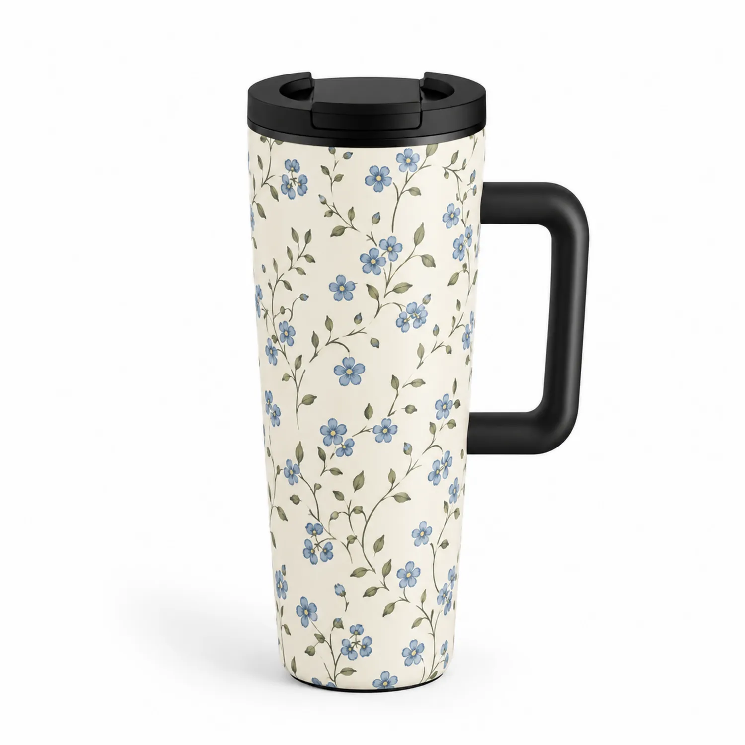 Tazza Termica Floreale 500ml con Manico Beige e Nero