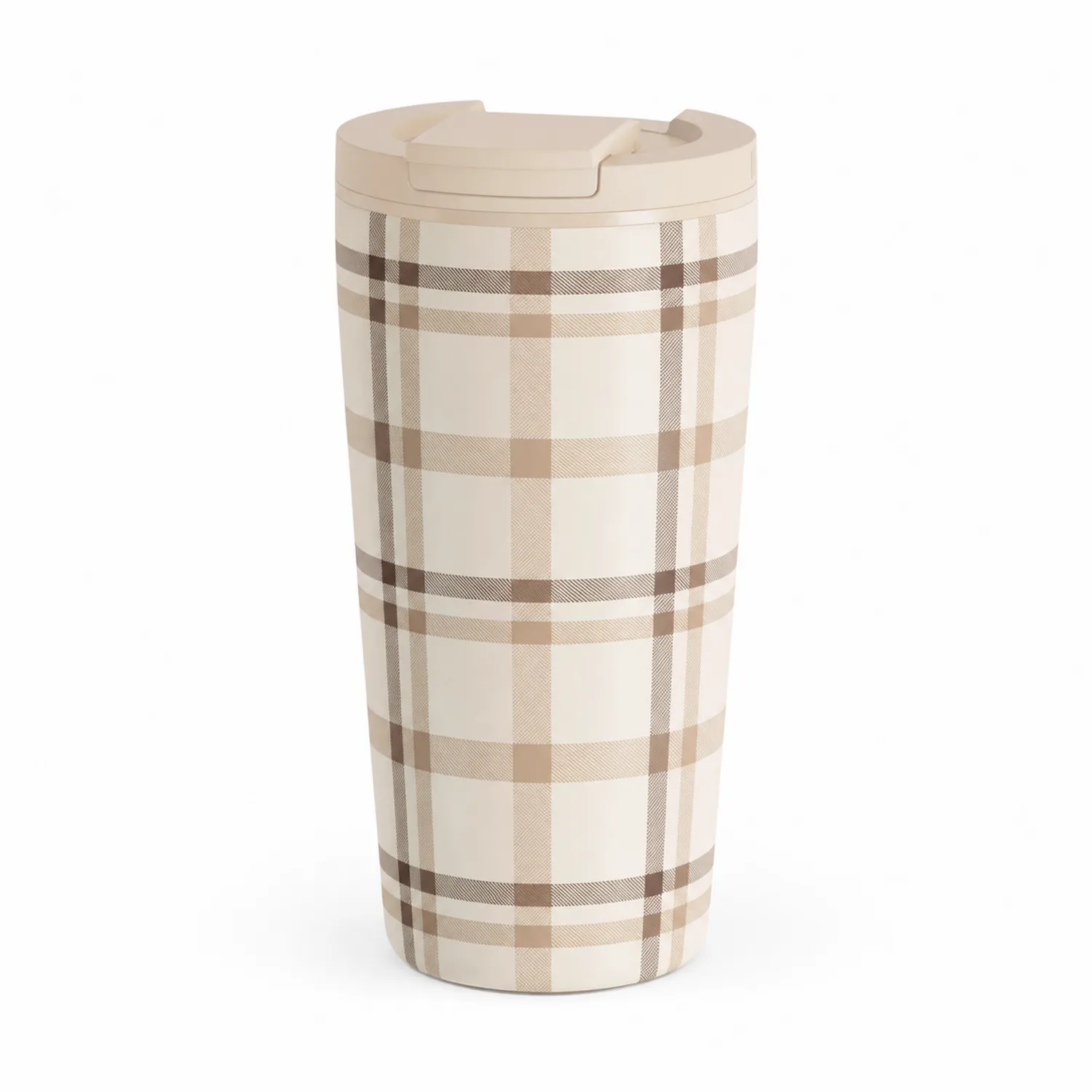 Tazza Termica Beige a Quadri con Coperchio Ermetico