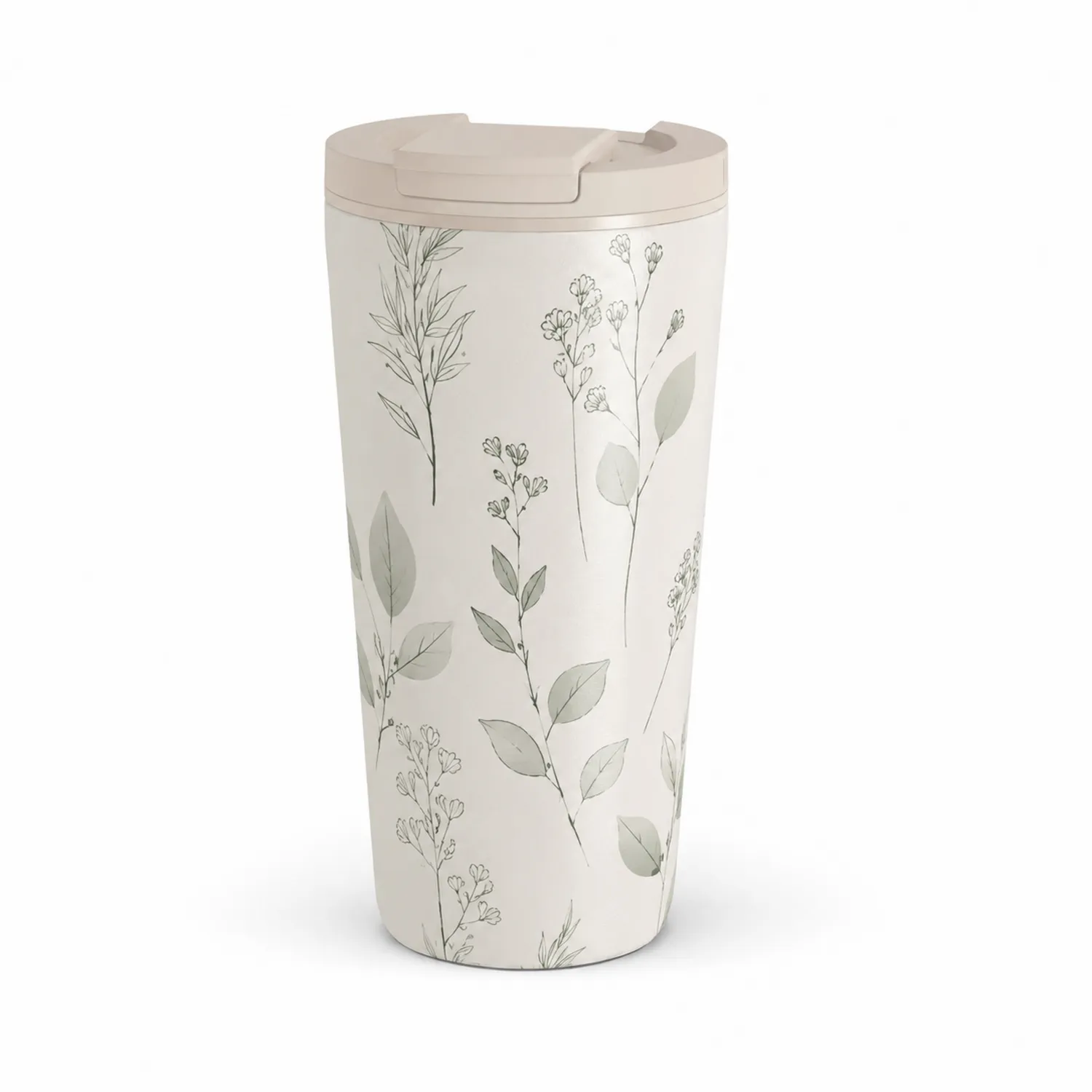 Tazza Termica a Doppia Parete con Motivo Floreale - Bianco/Verde 450ml