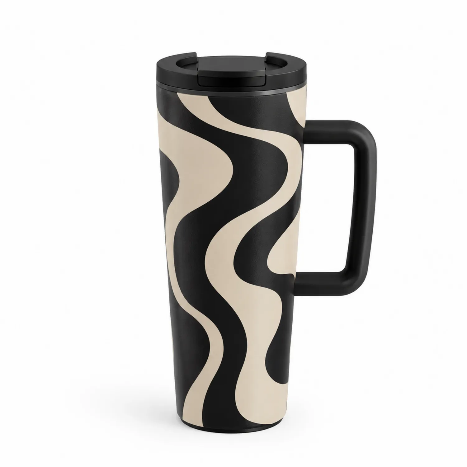 Tazza da Viaggio con Manico Motivo Ondulato Nero e Beige