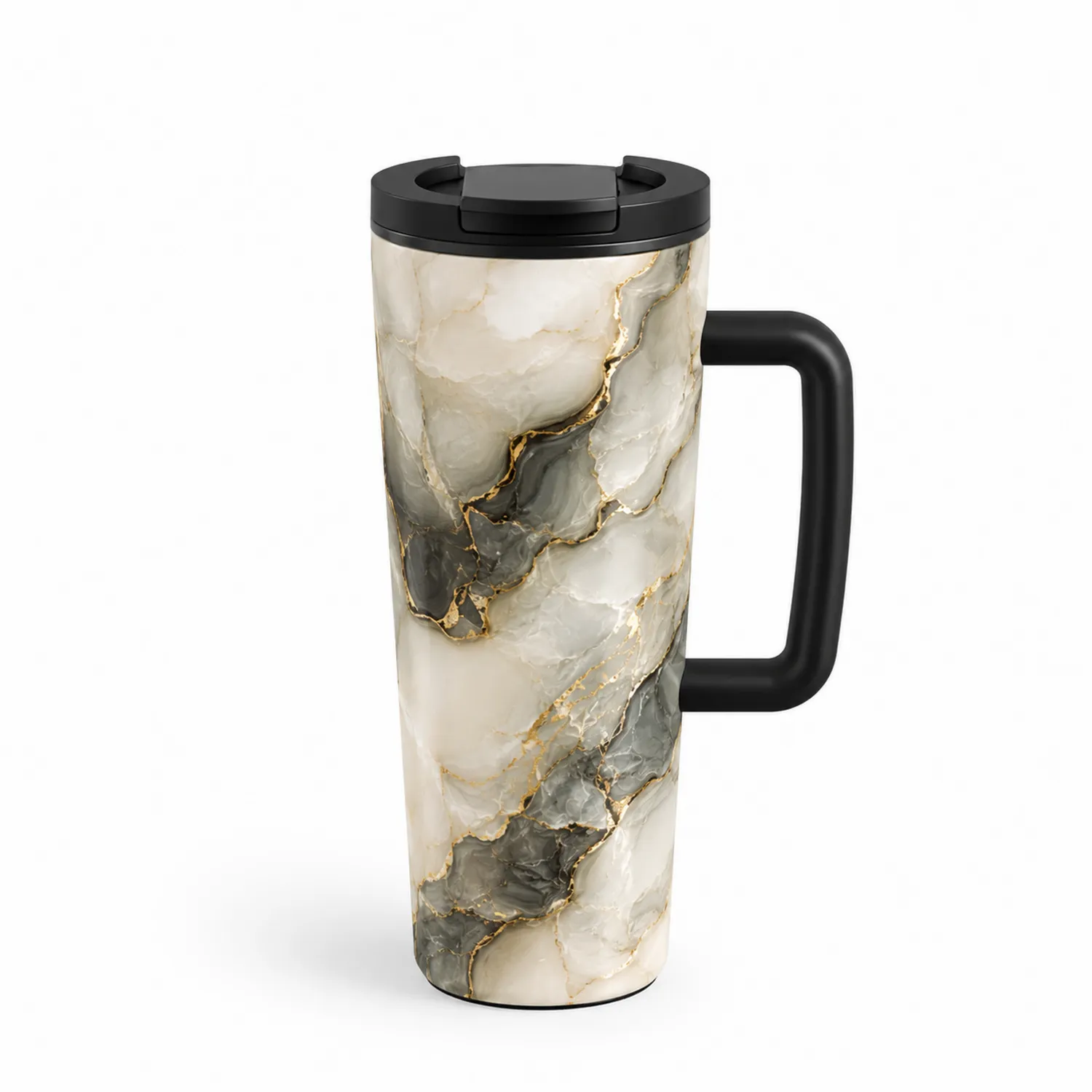 Tazza Termica con Manico Effetto Marmo, 500ml, Bianco/Nero