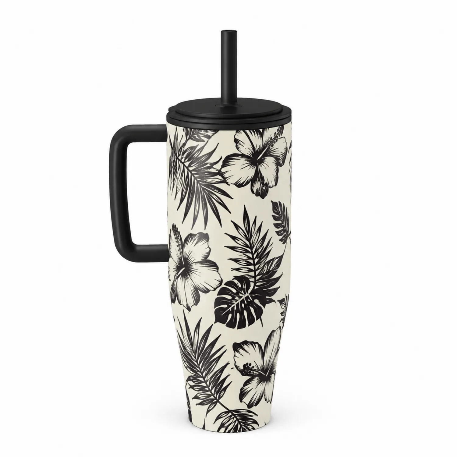 Tazza Termica con Canuccia Fiori 700ml Bianco e Nero