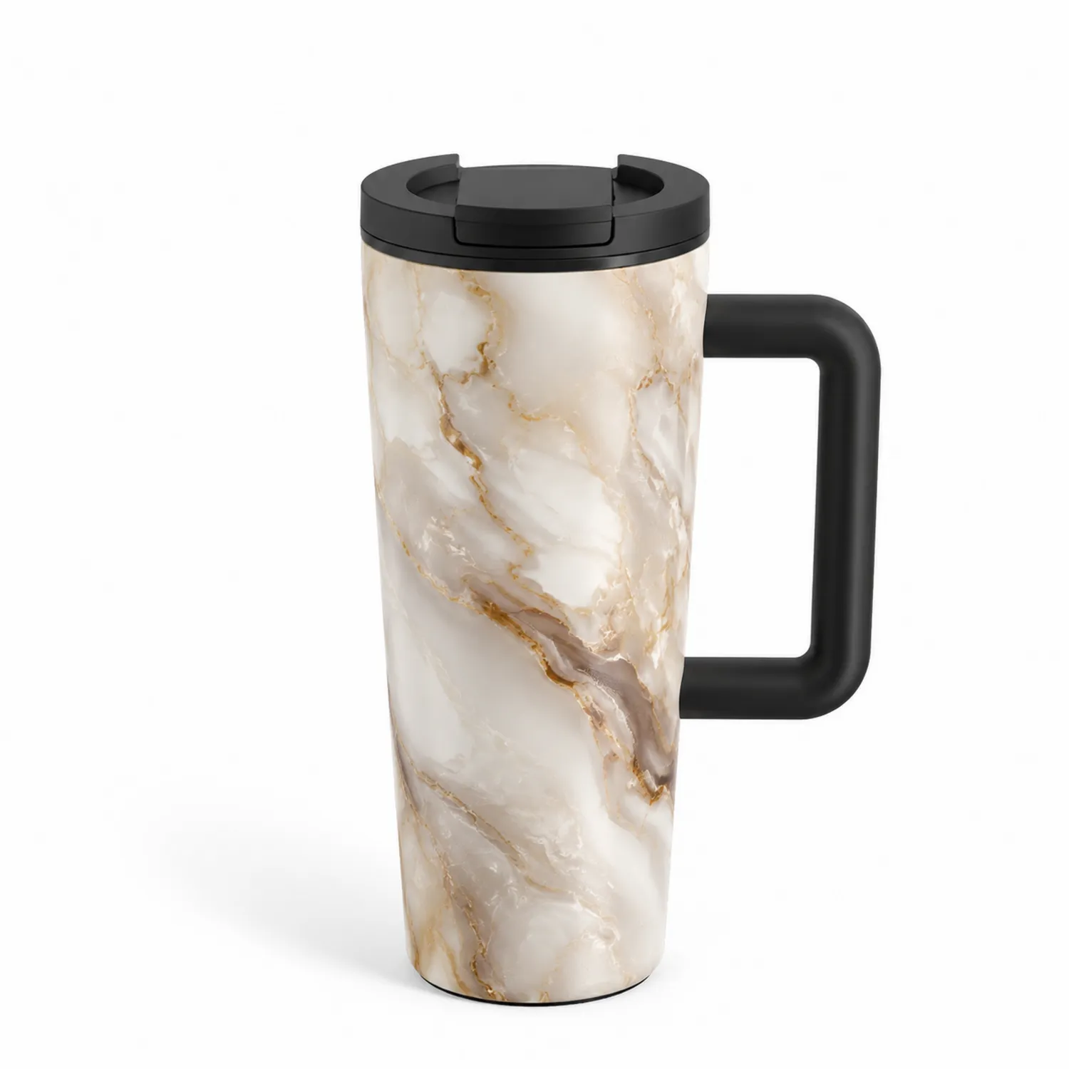 Tazza Termica da Viaggio 450ml Effetto Marmo Beige con Manico Nero