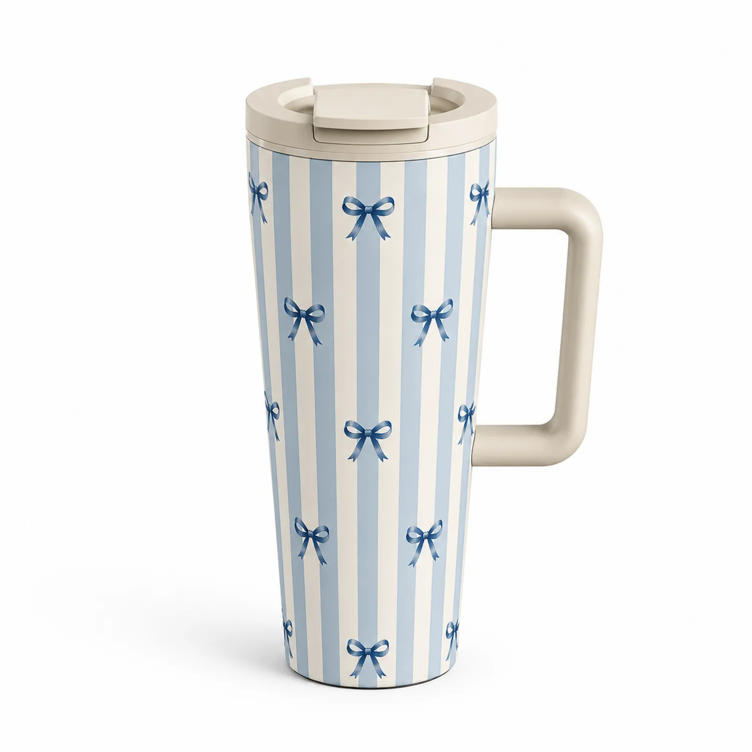 Tazza Termica da Viaggio con Manico Strisce e Fiocchi Blu 500ml