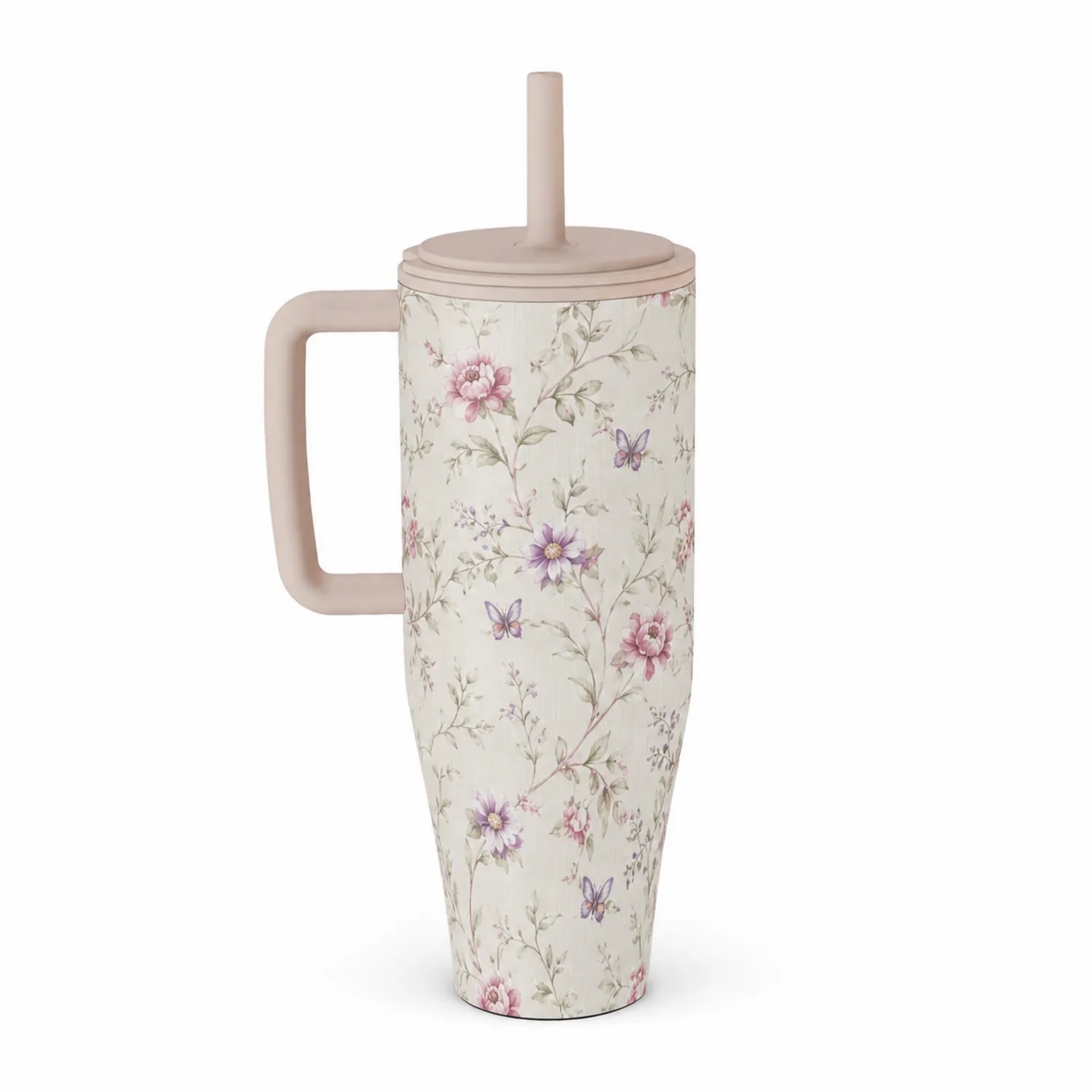 Tazza Termica Floreale Beige con Cannuccia