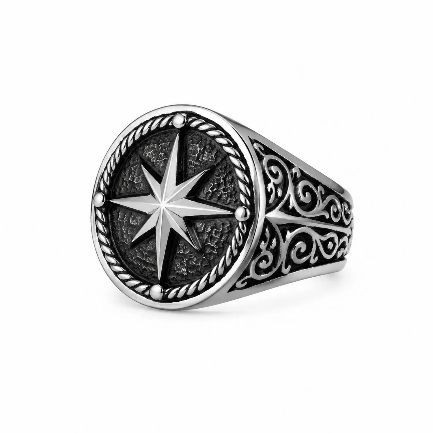Anillo para Hombre con Estrella Náutica Estilo Retro Plata/Negro
