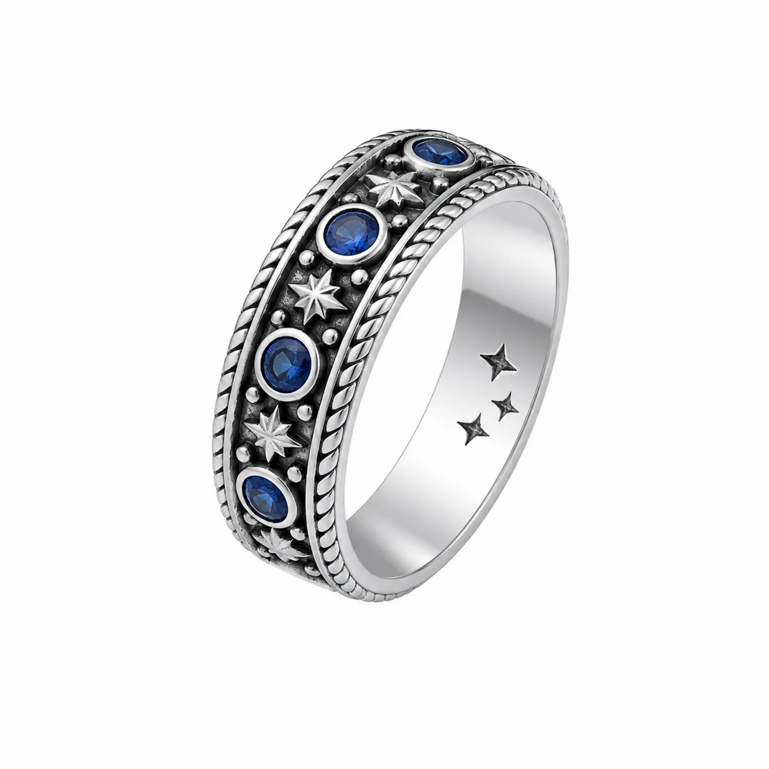 Anillo Vintage Plateado con Circonitas Azules y Diseño de Estrellas