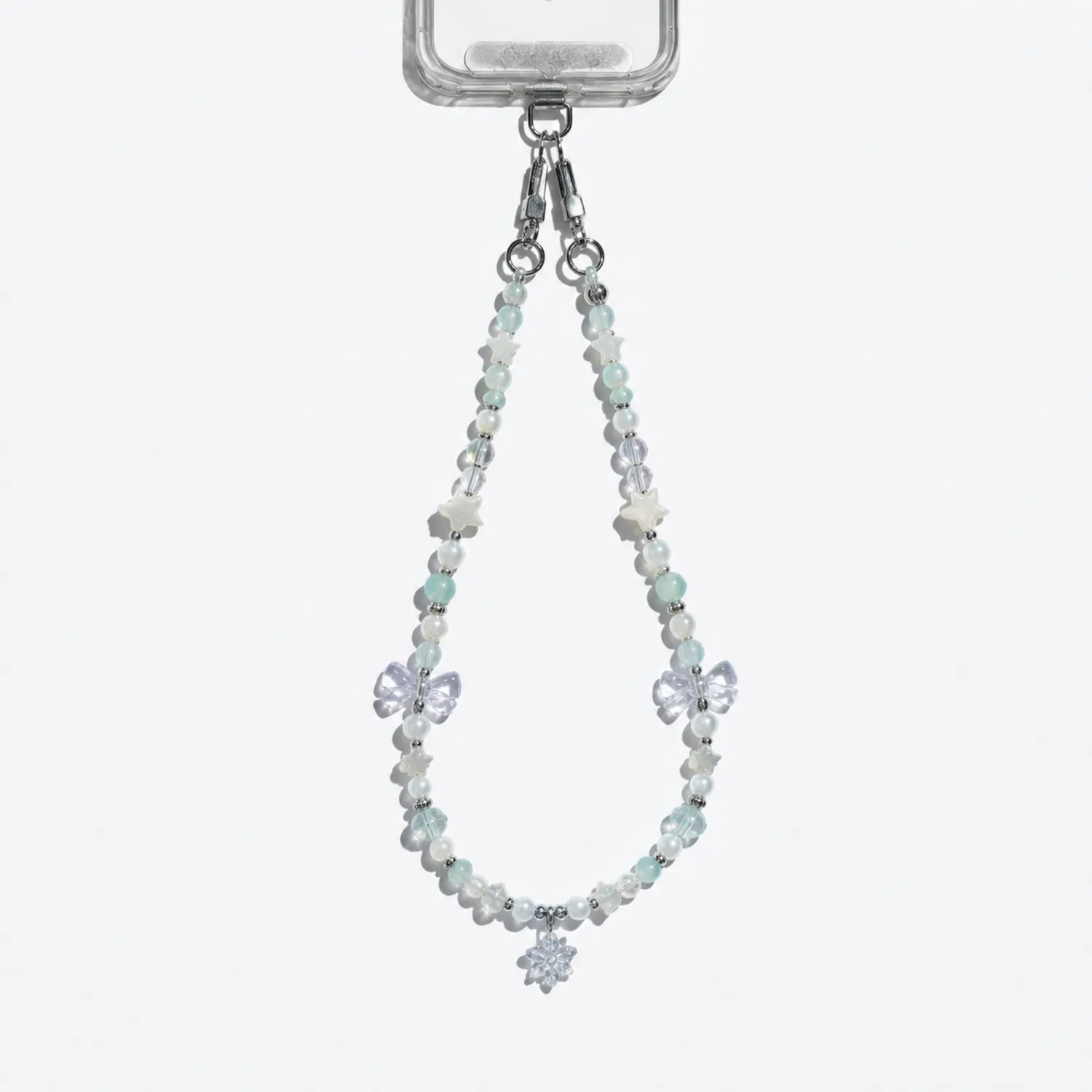 Cadena para Teléfono con Cuentas y Mariposas en Blanco, Azul y Transparente