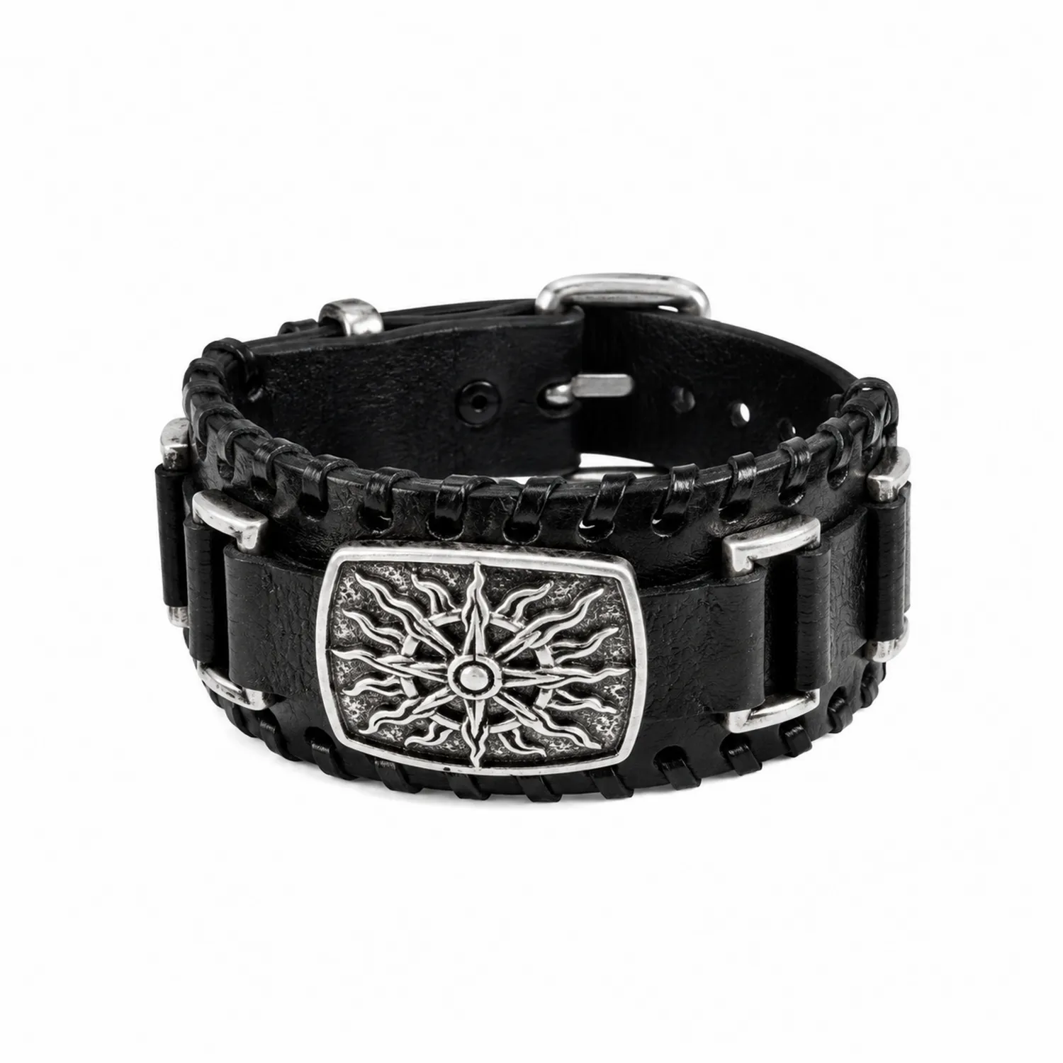 Pulsera ancha de cuero negro con diseño solar metálico
