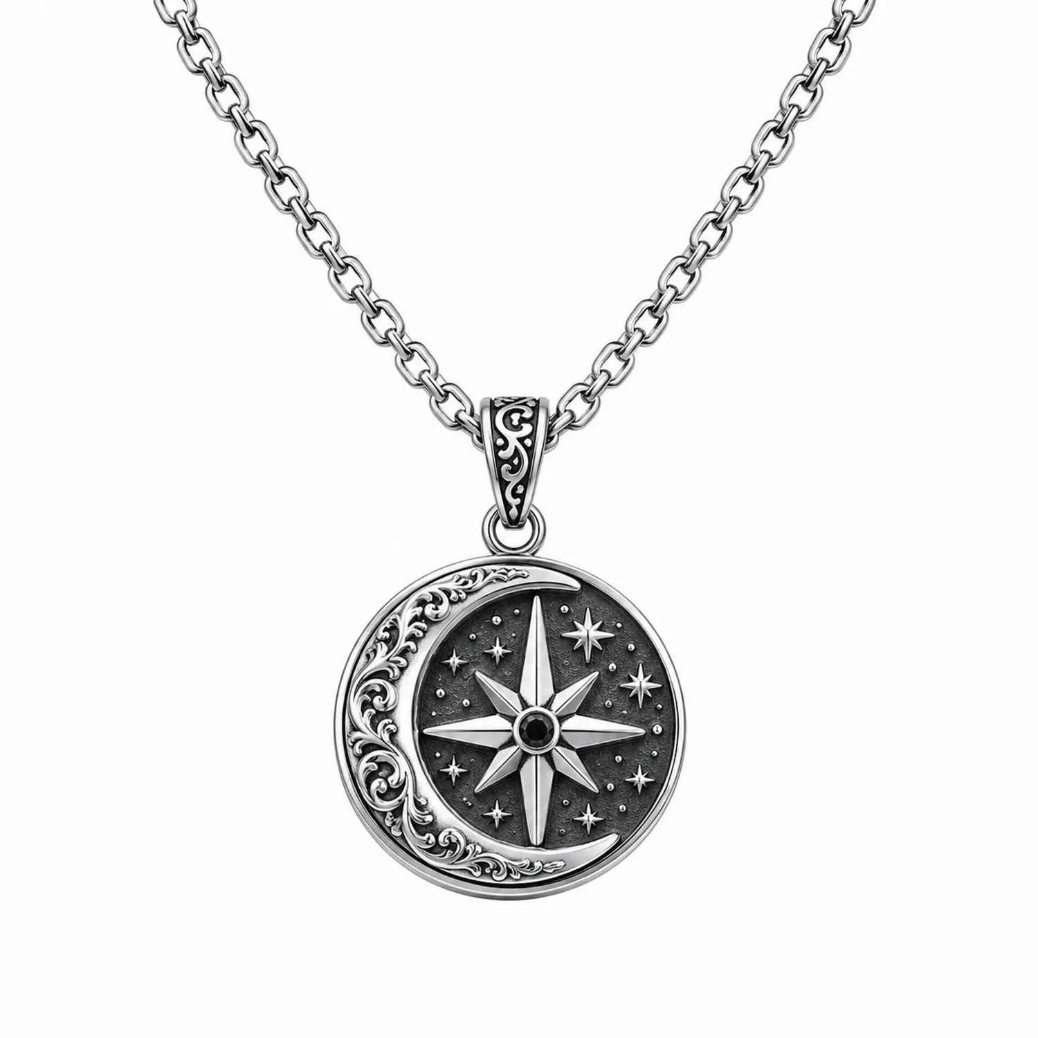 Collar de Plata con Colgante Luna y Estrella Ajustable