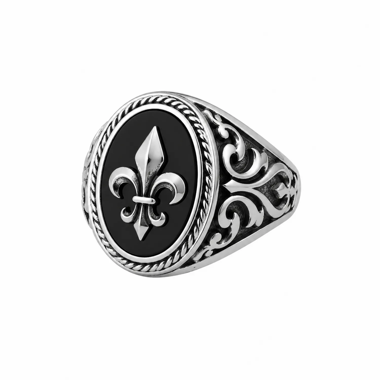Anillo de Hombre Sello Flor de Lis Negro y Plata
