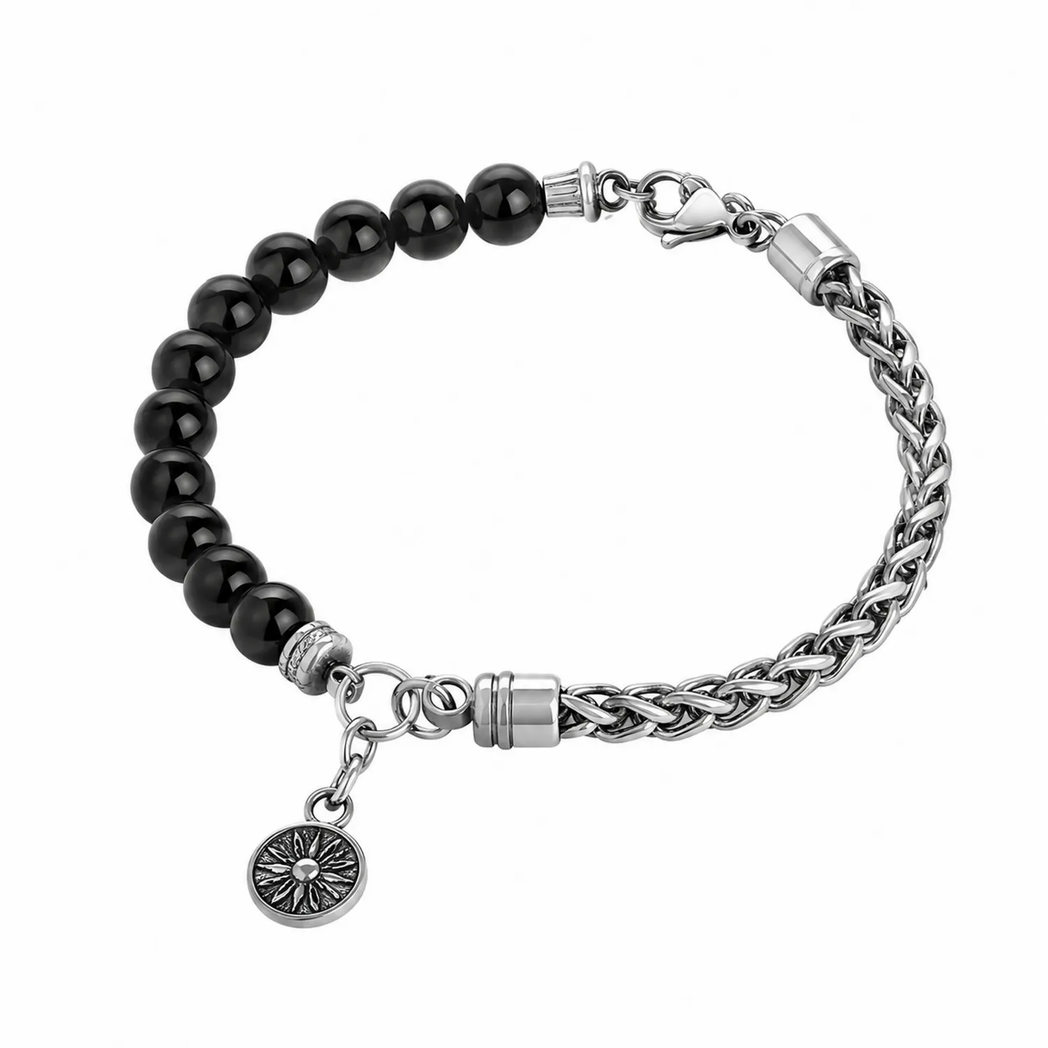Pulsera de Cuentas Negras y Cadena Trenzada de Metal Plateado