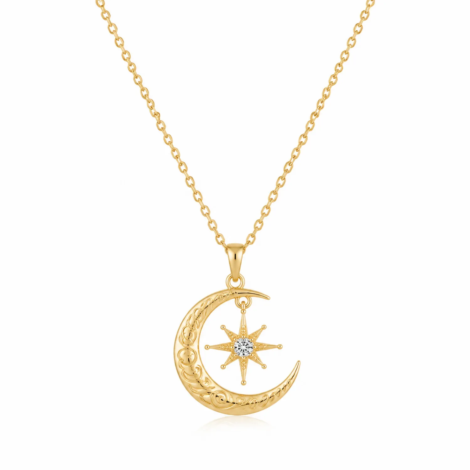 Collar de oro con colgante de luna y estrella con cristal