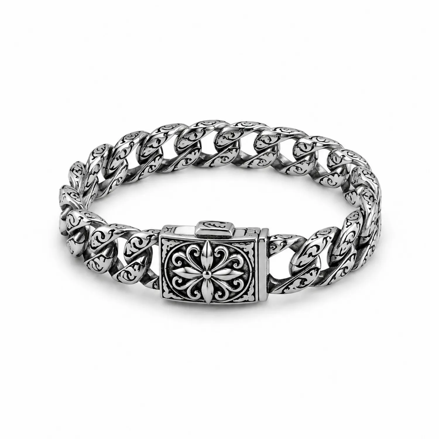 Pulsera de Eslabones Grabados con Cierre Decorativo en Plata