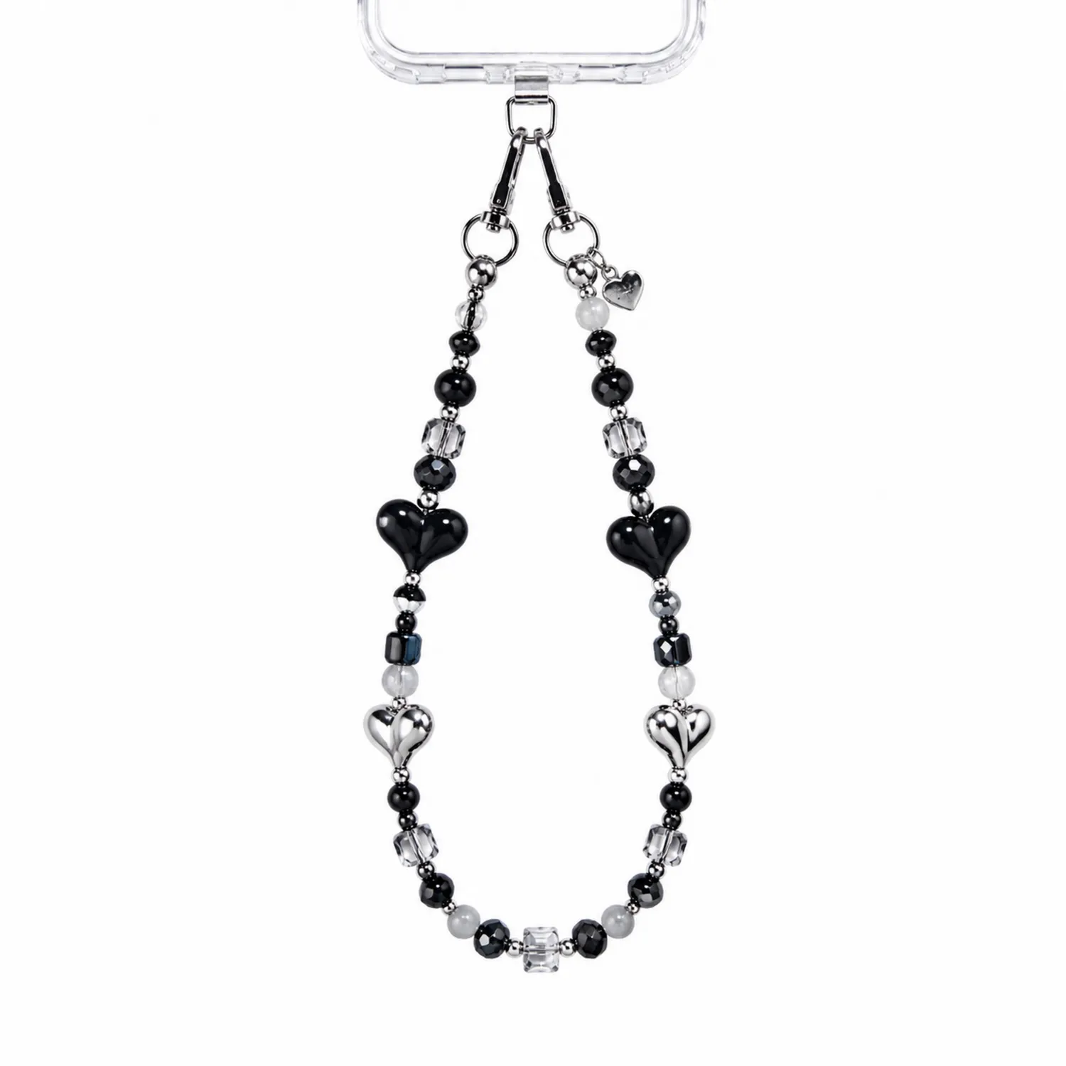 Correa Decorativa para Móvil con Corazones Negro y Plateado