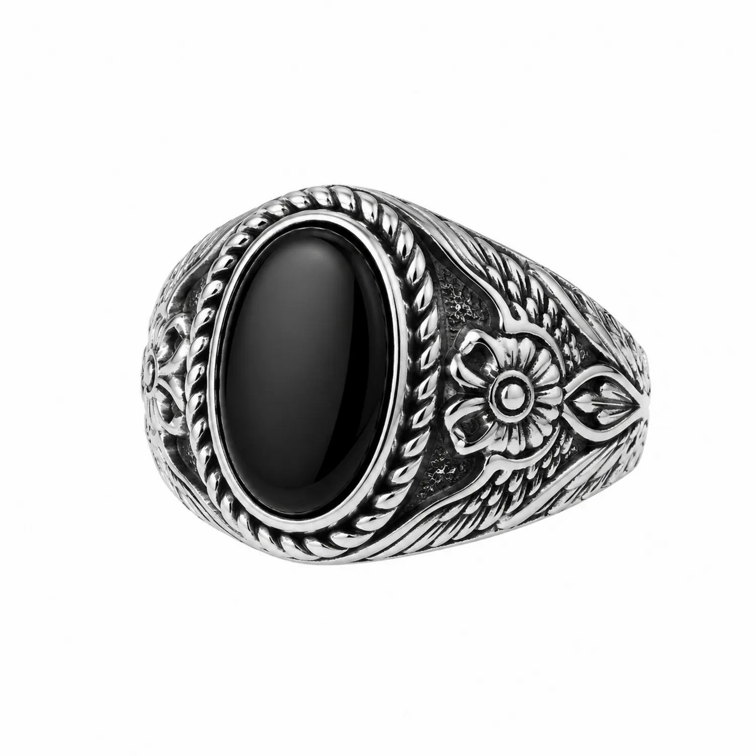Anillo Vintage para Hombre con Piedra Negra y Detalles Florales