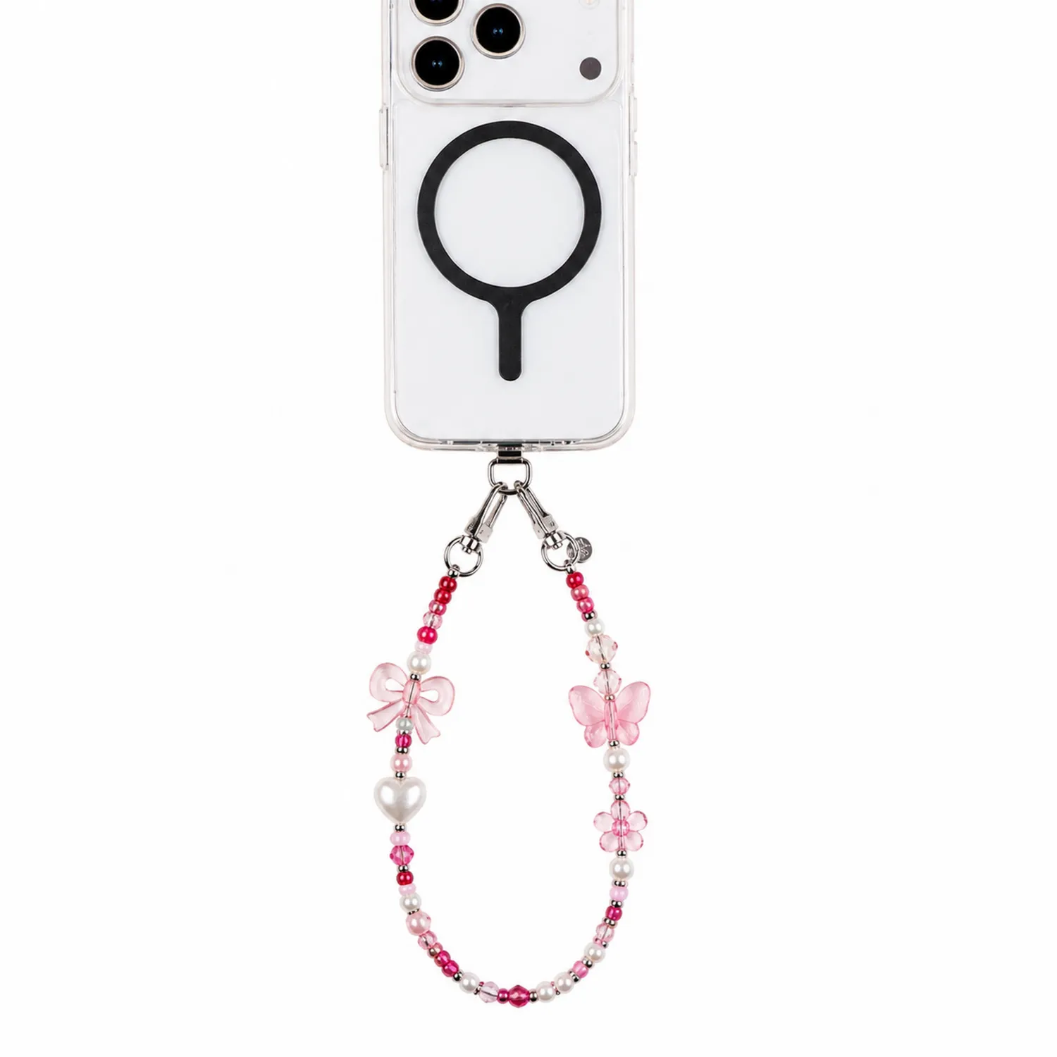 Colgante de Teléfono con Mariposas y Perlas Rosas