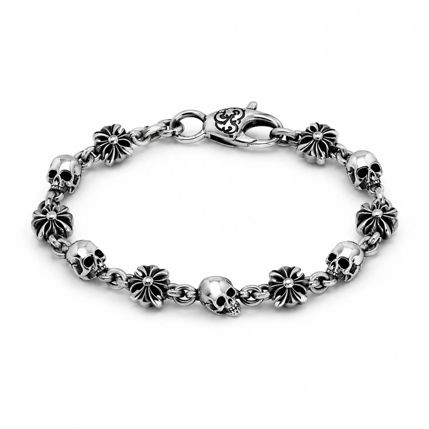 Pulsera Gótica de Cráneos y Flores Plateada