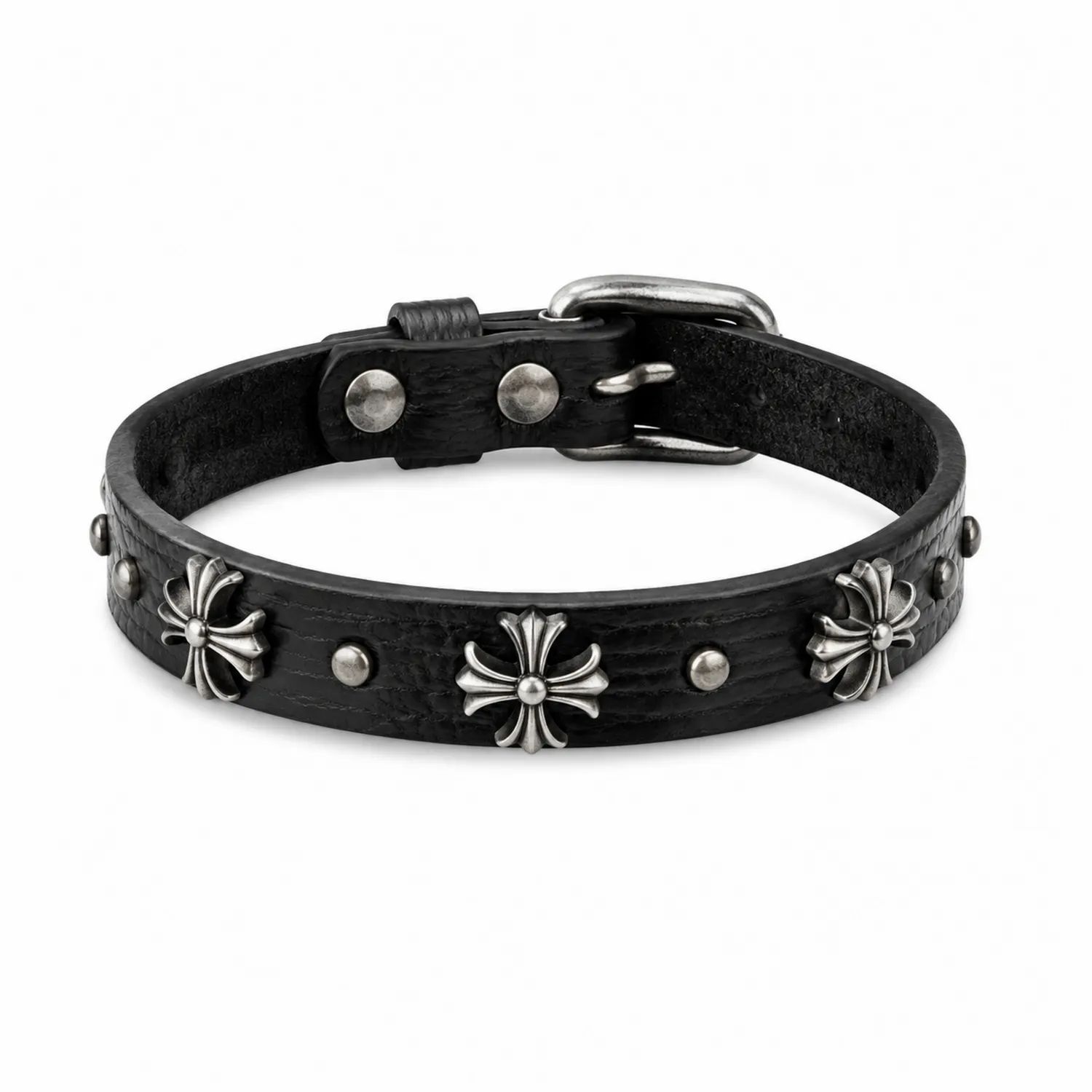 Pulsera Negra con Adornos Metálicos de Cruces