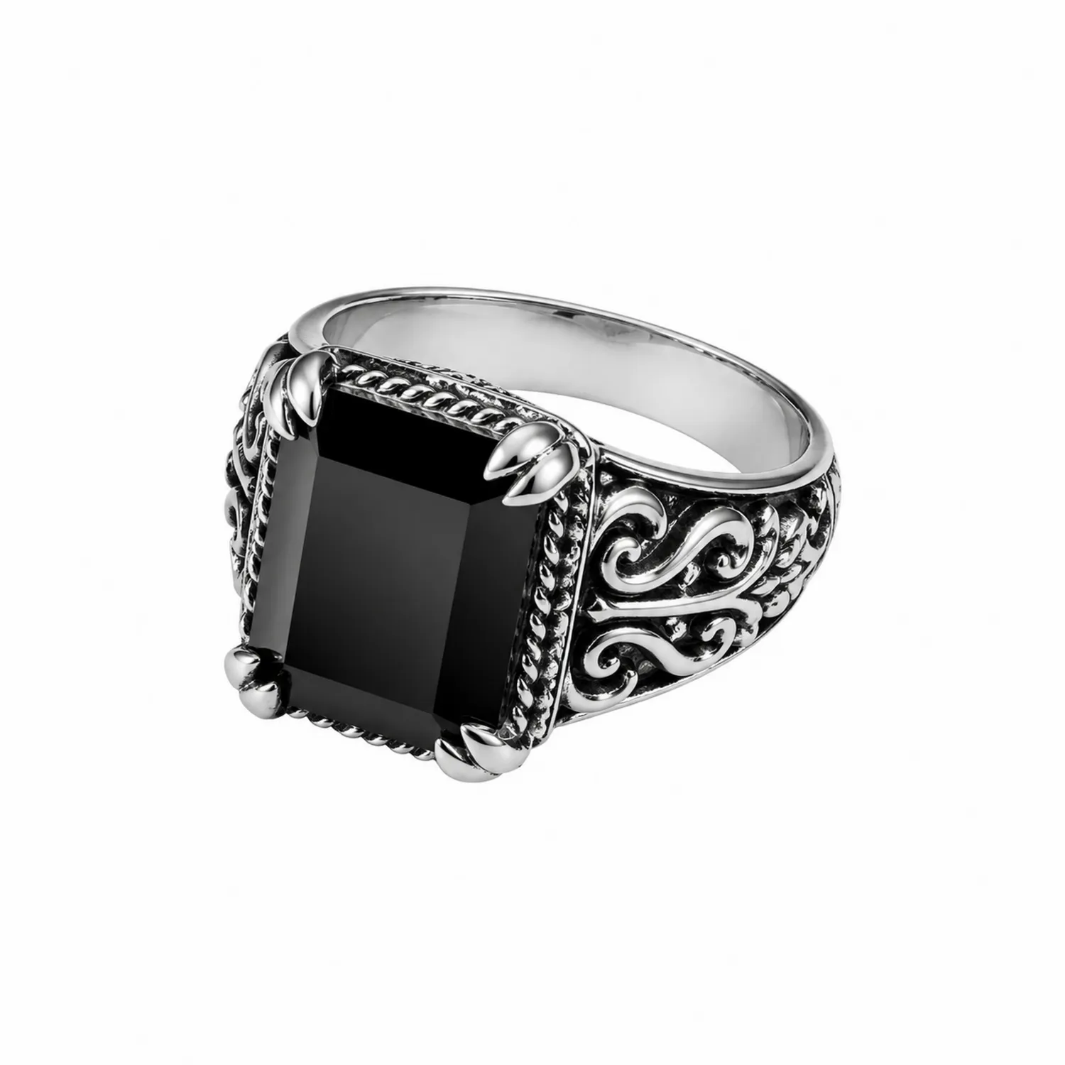 Anillo de Hombre con Gran Piedra Negra Cuadrada y Detalles Ornamentales