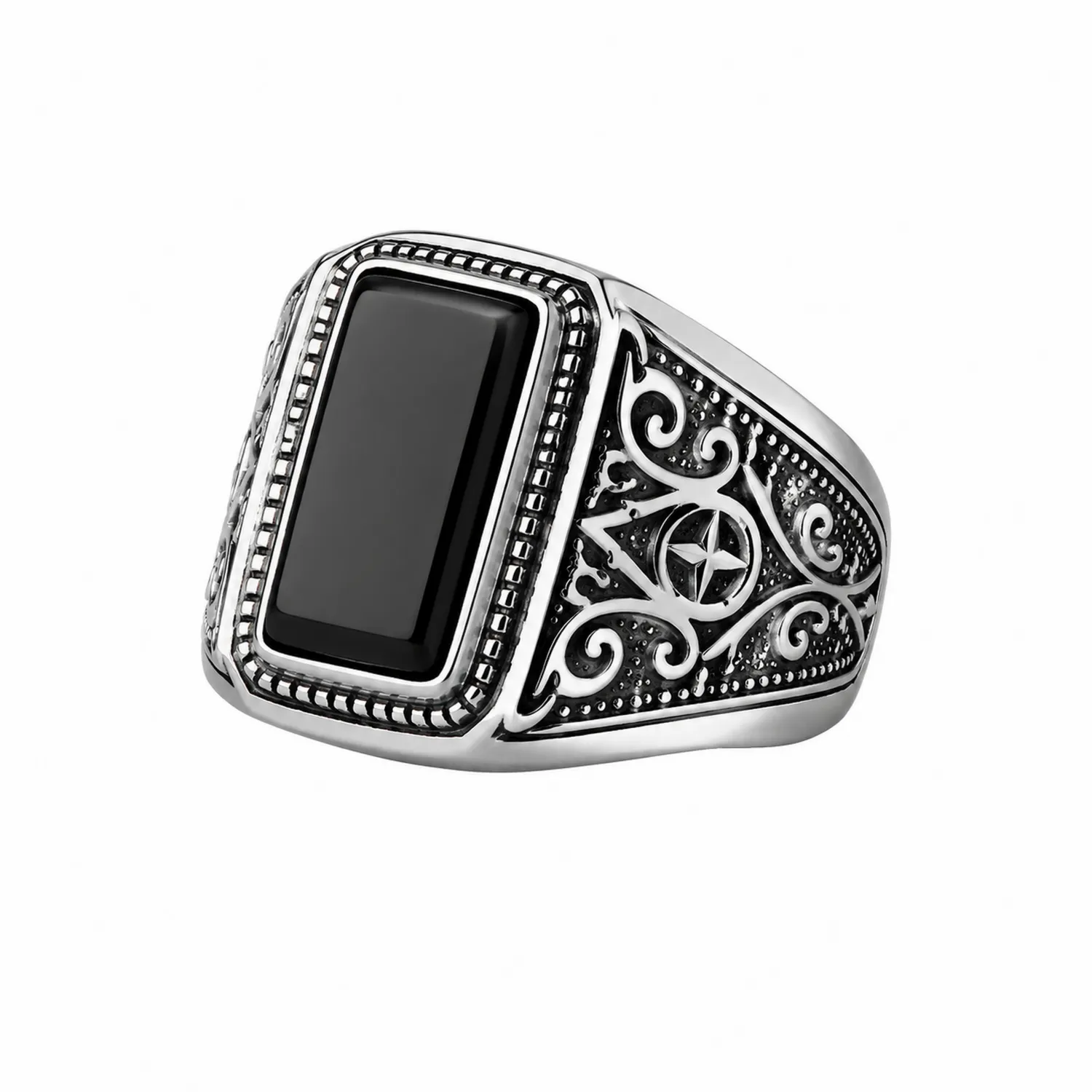 Anillo de Hombre Vintage con Piedra Negra Rectangular en Negro y Plata